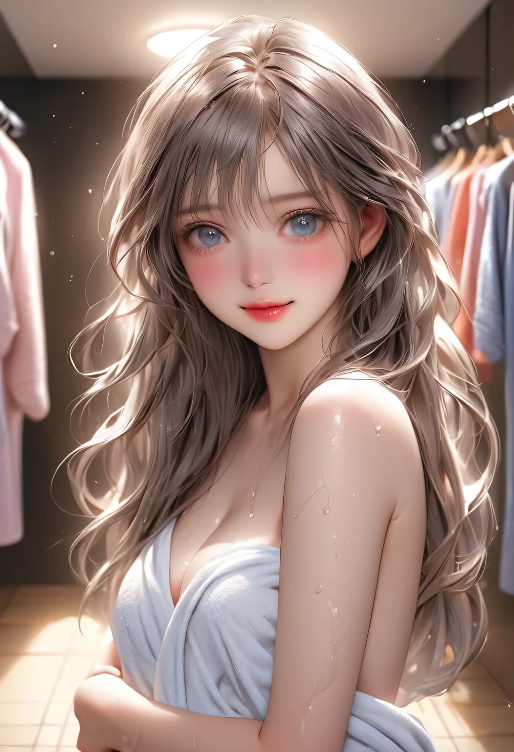 Masterpiece:1.2, Top quality, 16k, High resolution, Super realistic, Beautiful super detail, Photorealistic:1.37, Beautiful and cute girl, After taking a bath, Standing in the changing room, wearing open bath-towel, Wet hair, wet body, Beautiful and delicate long hair, Eyelashes, beautiful and delicate eyes, sparkling eyes, beautiful and delicate lips, shining lips, gentle smile,