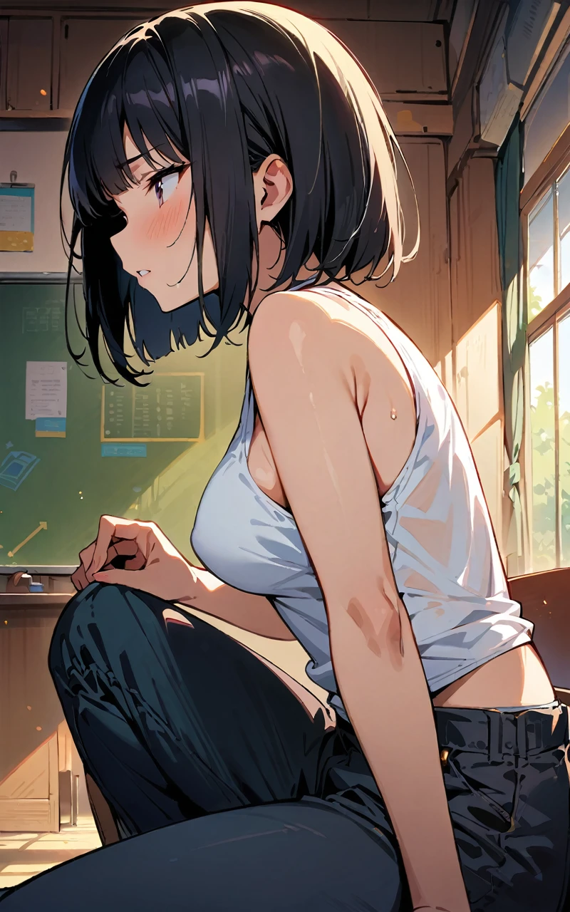 (masterpiece, highest quality:1.2), One girl, Bobcut, Sitting on the bed,White sleeveless tank top,{best quality}, {very aesthetic}, {ultra-detailed}, {best illustration}, nsfw, girl, black long hair, , classroom,