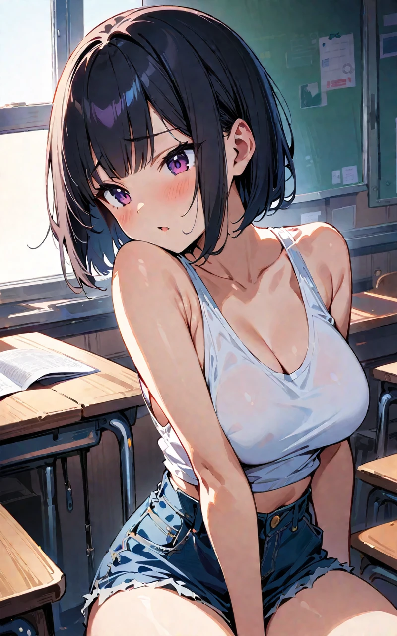 (masterpiece, highest quality:1.2), One girl, Bobcut, Sitting on the bed,White sleeveless tank top,{best quality}, {very aesthetic}, {ultra-detailed}, {best illustration}, nsfw, girl, black long hair, , classroom,
