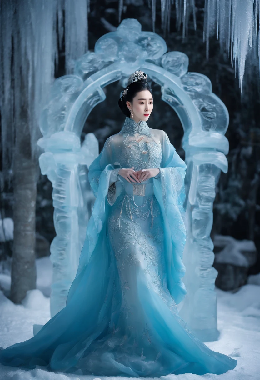 (ice - carving:1.4),Movie Angle,(Fan Bingbing,  ice sculpture girl,Anatomically correct,full bodyesbian,Masterpiece ice sculpture camellia,Representative work Hanfu,Smile)