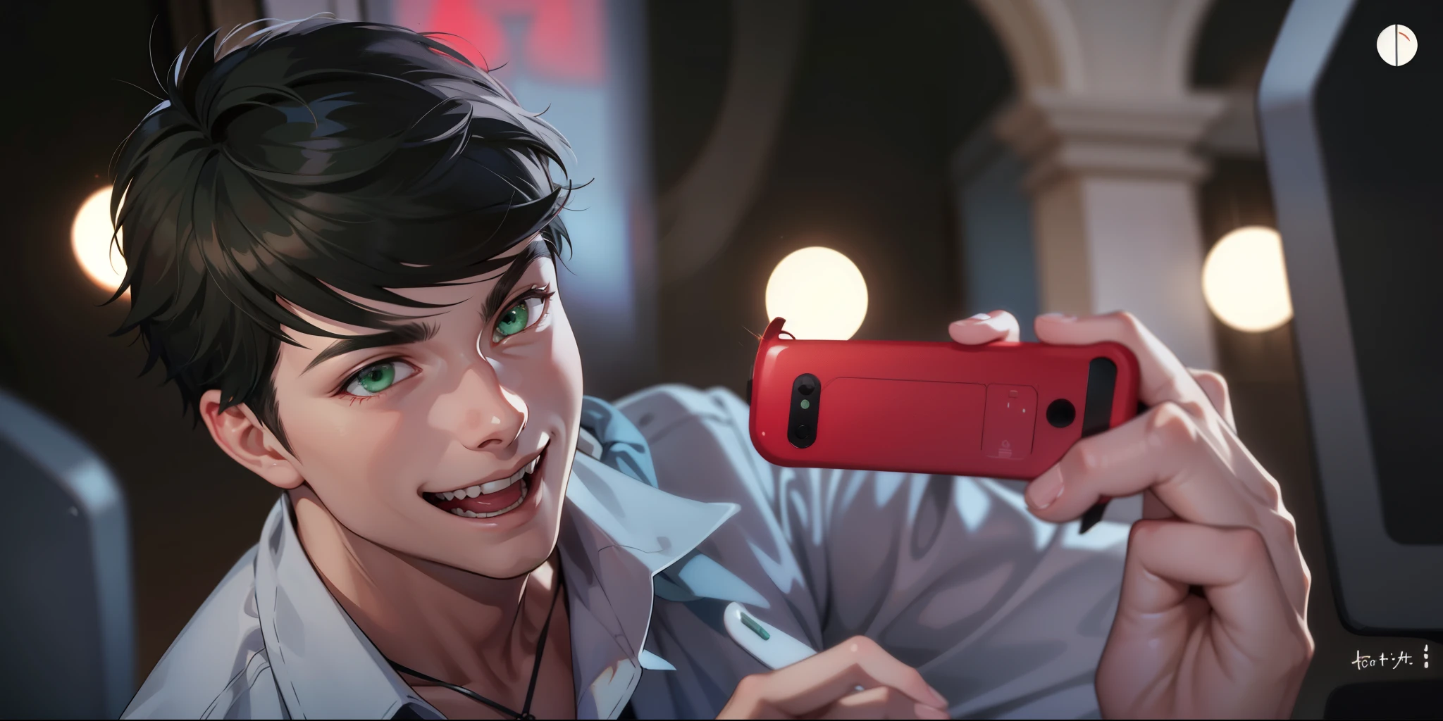 white hair green eyes is talking and laughing mischievously with malice cute 17 year old boy is taking a photo with a red cell phone