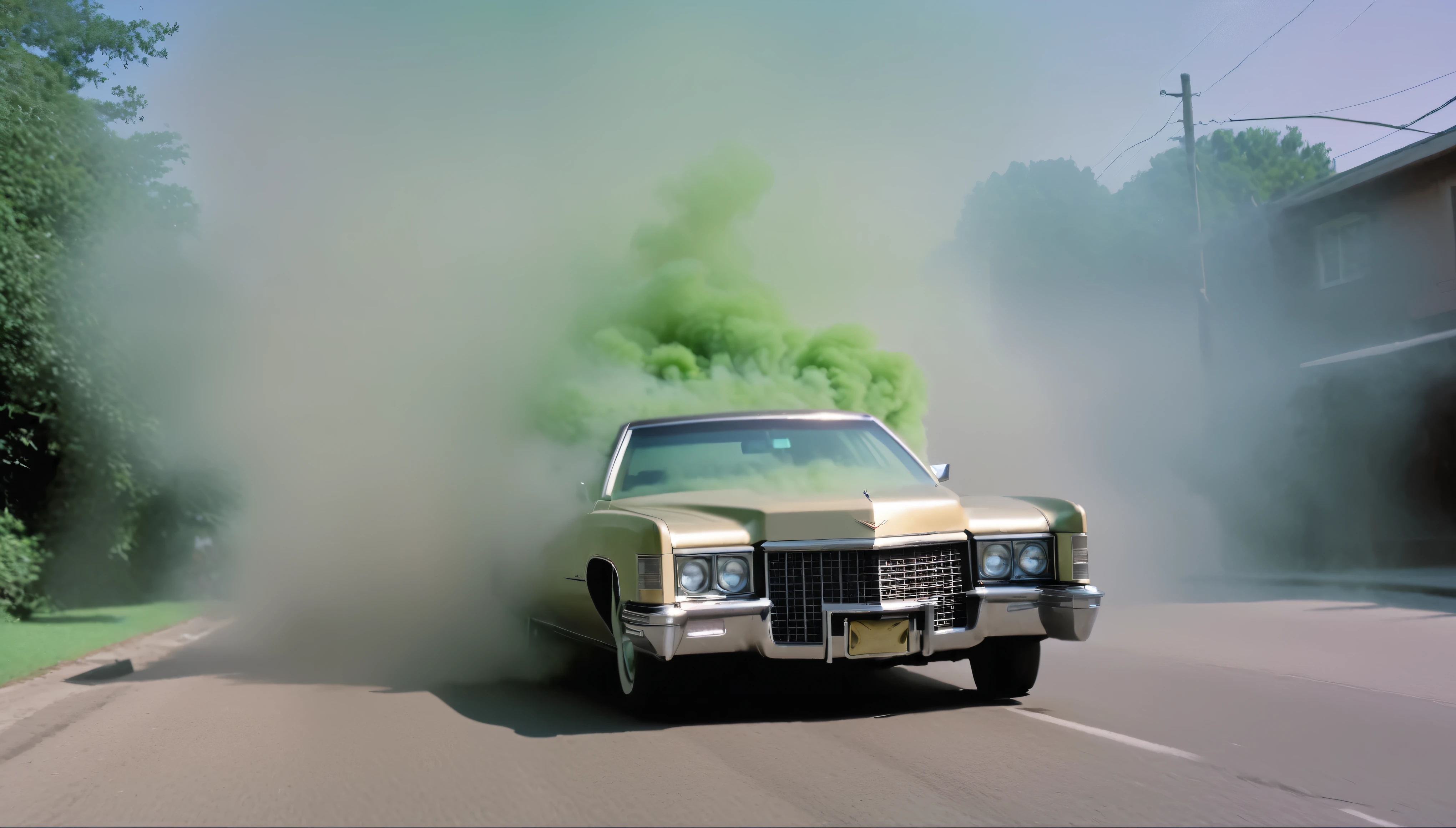 1970s marijuana leaf cadillac driving down the street with smoke coming out of the windows, 35mm, atmospheric perspective, depth of field, cinematic lighting, reflection light, backlighting, masterpiece, anatomically correct, textured skin,