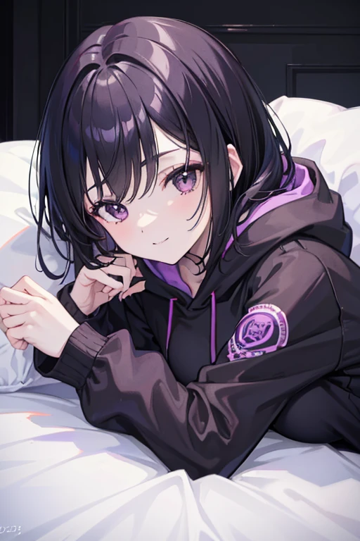 ((masterpiece, highest quality)), (One Woman), (alone), (Focus on women), (Black Hair), (Medium Hair), (Purple hoodie), (mature), (23 years old), (Gaze Here), Smiling faintly, Lying in bed
