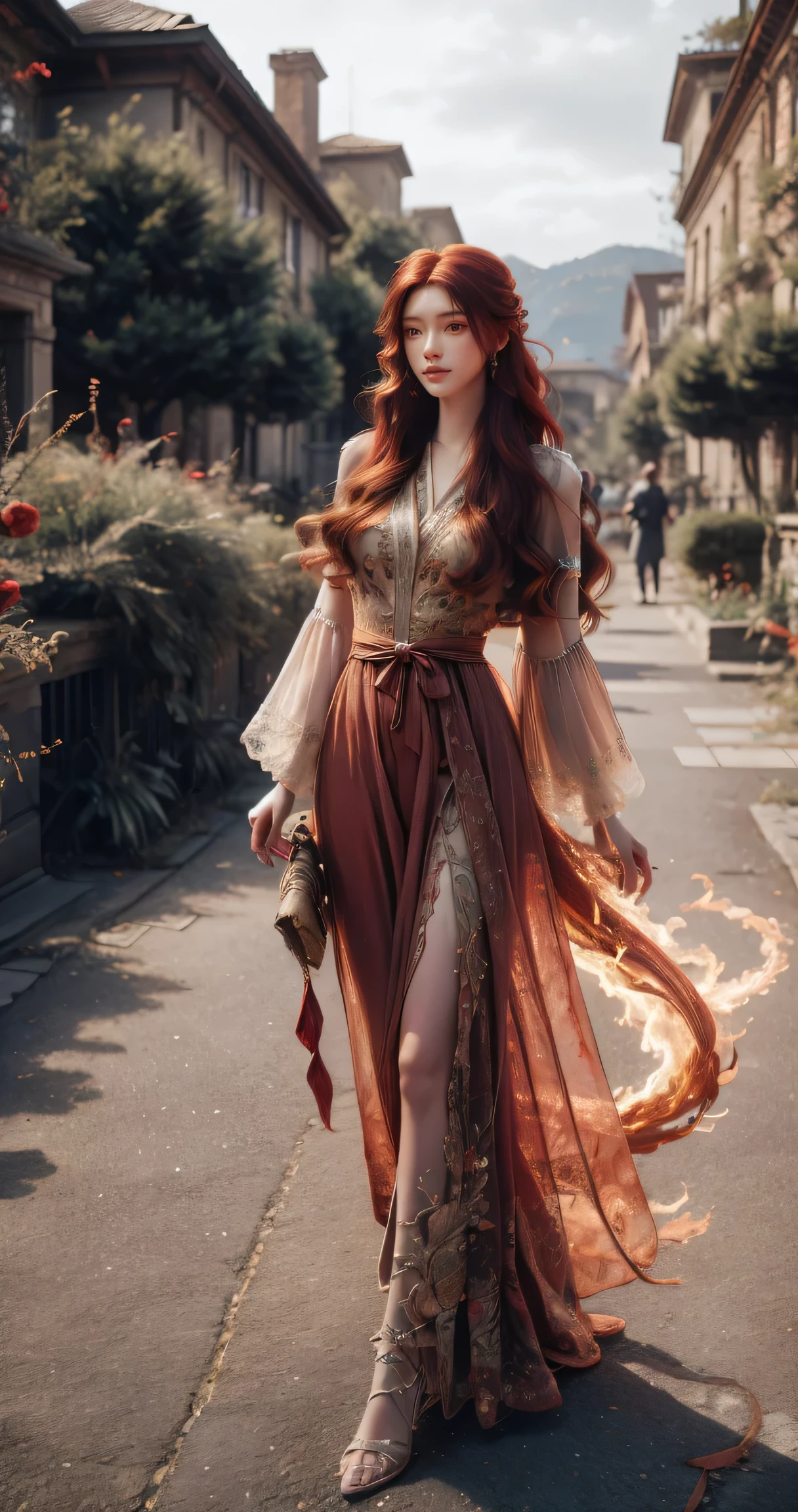 (absurdres, highres, ultra detailed), 1girl, solo, mature, (very long hair, red hair), Baroque, long dress, phoenix dress, long sleeve, elegant, colorful, highest detailed, upper body, outdoors, garden 