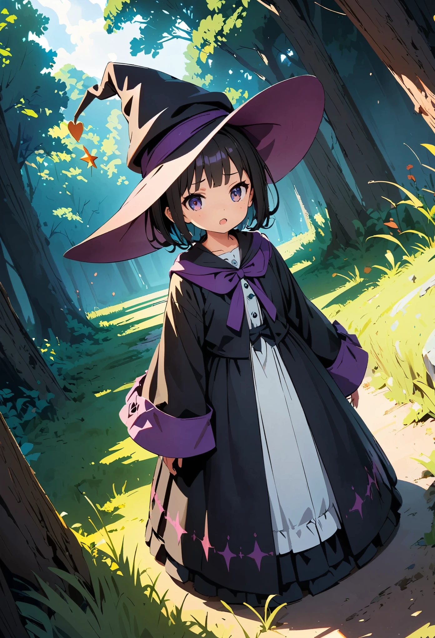 Young witch girl, Beautiful detailed eyes, Beautiful detailed lips, Very detailedな顔と肖像画, Long black hair, Troubled face, Open your mouth, I feel like crying, gothic lolita dress, Witch Robe:1.2, Witch Hat, Have a magic wand, Dutch Angle, Random Pause, In the grassland, Forest Background, Dark fantasy, Cinematic lighting, A bad mood, Dramatic Shadows, Dramatic contrast, Calm colors, Cool color palette, Digital Art, Concept Art, Very detailed, 8k, masterpiece:1.2, Anime illustration.