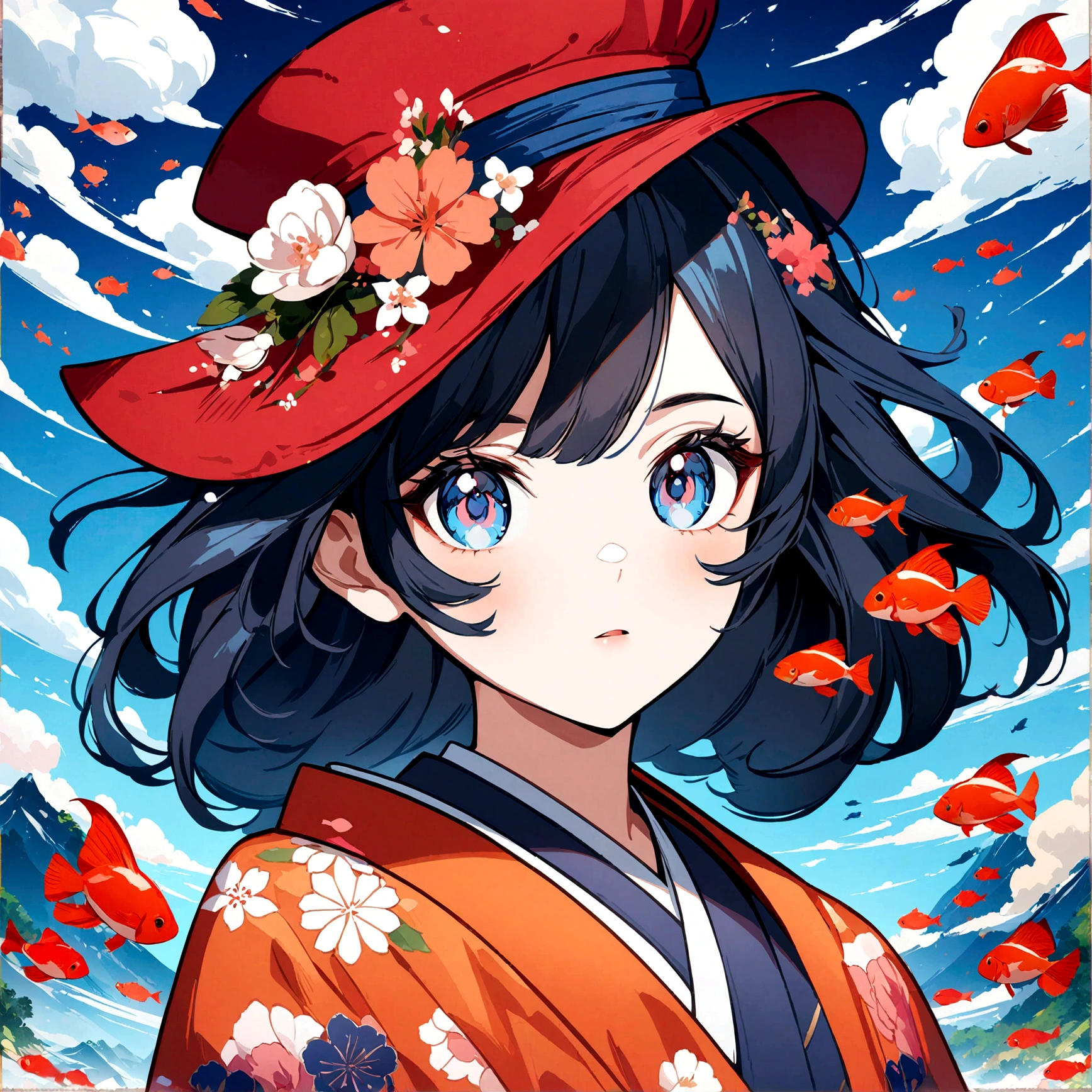 1girl, anime girl with a red hat and a fish in her hair, a beautiful artwork illustration, beautiful anime artwork, beautiful digital illustration, beautiful anime art, beautiful digital artwork, anime style illustration, beautiful anime art style, beautiful anime portrait, anime fantasy illustration, anime styled digital art, anime graphic illustration, japanese art style, exquisite digital illustration, anime art wallpaper 4k, a digital painting by Yuumei, pixiv contest winner, fantasy art, masterpiece, best quality, very aesthetic, absurdres