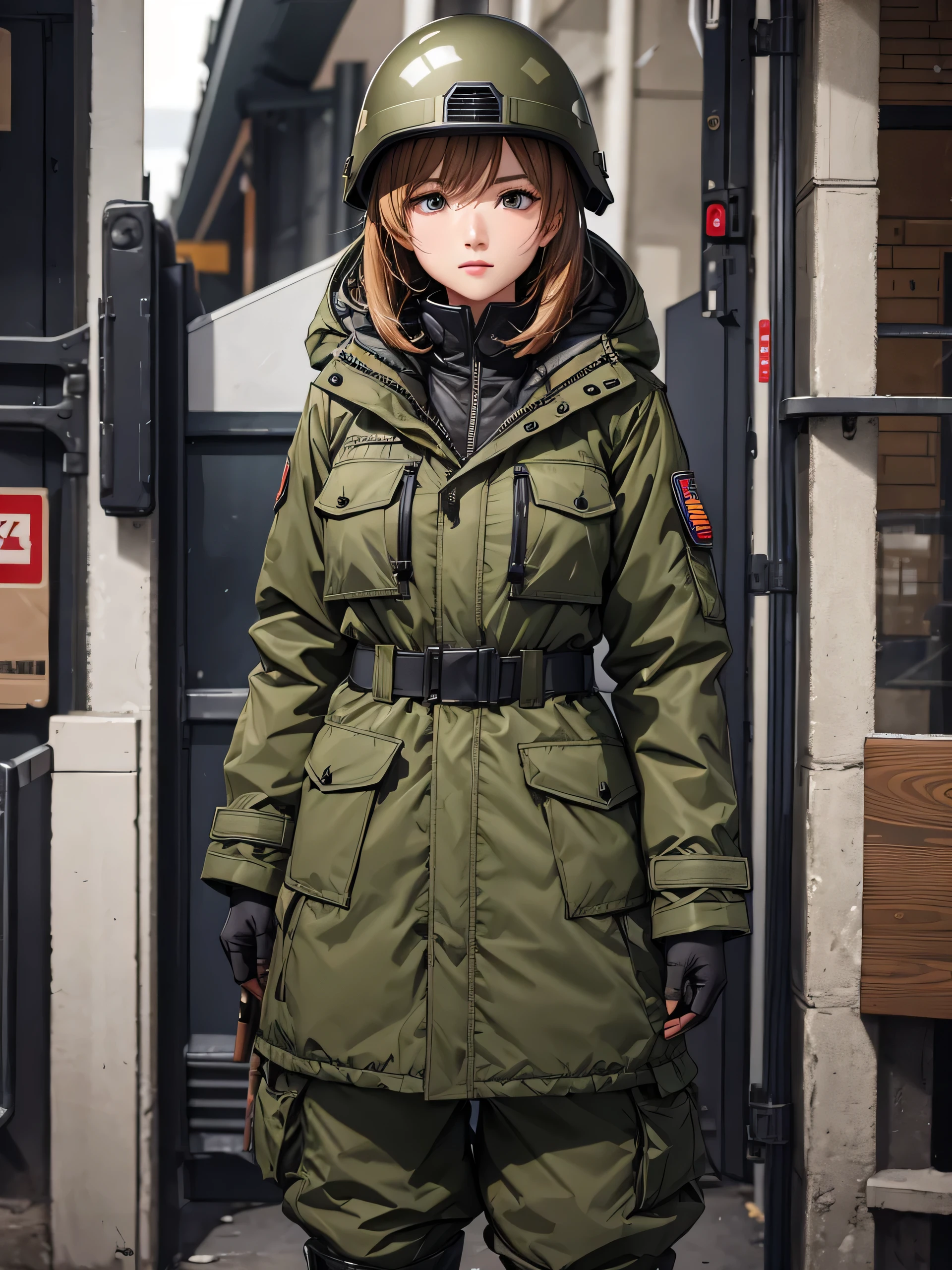 A female soldier standing frontally、M-51 Parka Coat、Coats that cover the upper thighs、Put on a helmet、Military Pants、whole body、Write details、masterpiece、best quality、Highly detailed CG、8K picture quality