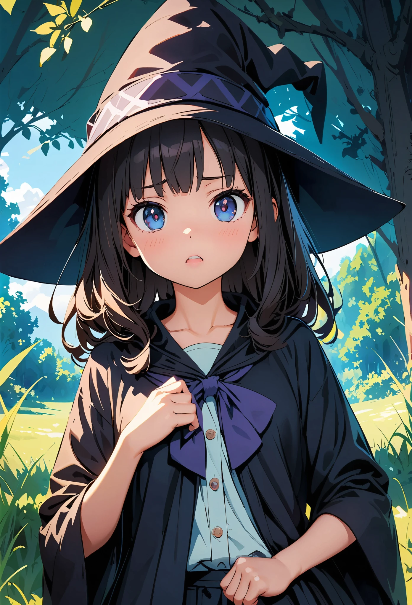 Young witch girl, Beautiful detailed eyes, Beautiful detailed lips, Very detailedな顔と肖像画, Long black hair, Troubled face, Open your mouth, I feel like crying, gothic lolita dress, Witch Robe:1.2, Witch Hat, Have a magic wand, Dutch Angle, Random Pause, In the grassland, Forest Background, Dark fantasy, Cinematic lighting, A bad mood, Dramatic Shadows, Dramatic contrast, Calm colors, Cool color palette, Digital Art, Concept Art, Very detailed, 8k, masterpiece:1.2, Anime illustration.