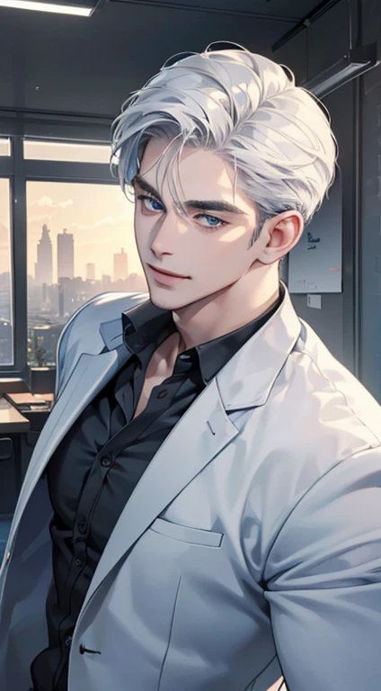 (best quality, masterpiece, 8K, photorealistic, cinematic lighting, hdr image, ultra detailed, beautiful image), 1 man, 31 years old, mature man, very handsome, (without expression, smile), short white hair, blue eyes ( penetrating gaze), perfect face without errors, imposing posture, without errors, businessman, office background
