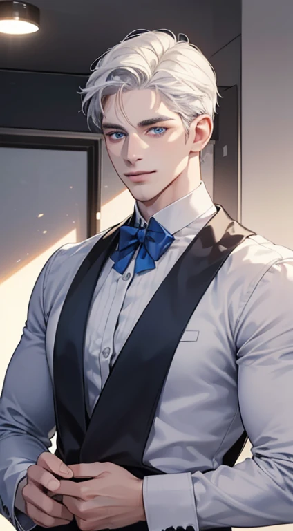 (best quality, masterpiece, 8K, photorealistic, cinematic lighting, hdr image, ultra detailed, beautiful image), 1 man, 31 years old, mature man, very handsome, (without expression, smile), short white hair, blue eyes ( penetrating gaze), perfect face without errors, imposing posture, without errors, businessman, office background