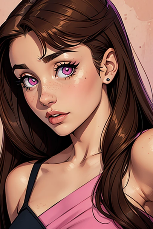Ariana Grande, teen 18 years old, retrato, brown hair fringe, pink eyes, pecas