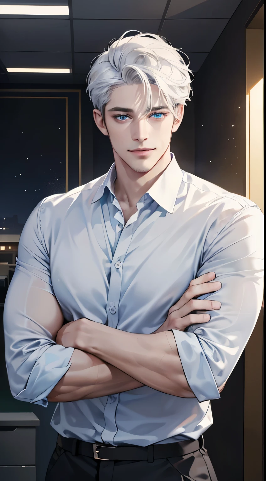 (best quality, masterpiece, 8K, photorealistic, cinematic lighting, hdr image, ultra detailed, beautiful image), 1 man, 31 years old, mature man, very handsome, (without expression, smile), short white hair, blue eyes ( penetrating gaze), perfect face without errors, imposing posture, without errors, businessman, office background