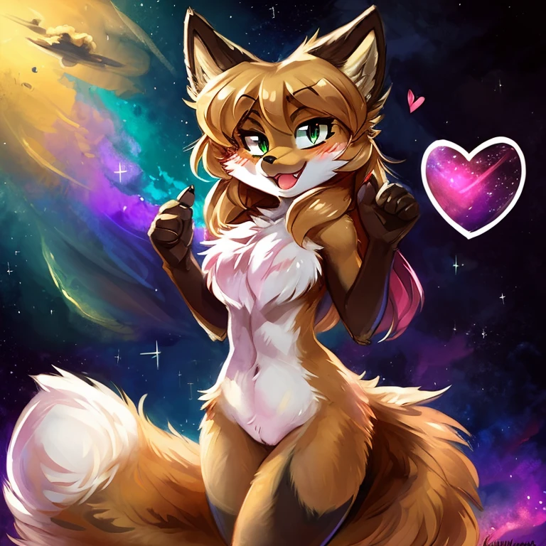 uploaded the e621, beautiful and detailed, woman (((female))) ((anthro)) Fox, (Averi, Fox girl), cinematic lighting, Fox, (anthro, fluffy fur), anthro fox girl, body fur, curvy, sexy, nice, cute, hot, comfortable anime-style cartoon-style, digital drawing, SFW, flat chest, chest fluff, blushing, green eyes, sassy, sassy hips, cute friendly smile, nebula, in space, heart, hearts, speech bubble, looking at viewer, Ross Tran, ruan jia, by Kenket, by zero-sum