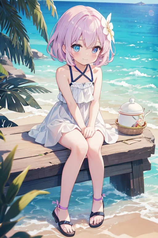 A loli,Short loli figure,Female face,Sunny smile,Short lilac hair,Heterochromia blue-red,There are bright spots in the eyes,Female hands,White little hands,Normal fingers,Beach,Gorgeous clothes,swimsuit,whole body,sandals,Leg ring,masterpiece,Delicate and exquisite的二次元精美画风,Delicate and exquisite,8K high quality,CG Wallpaper,HD,flat chest,Solitary,Ark of Tomorrow,Ark of Tomorrow风格