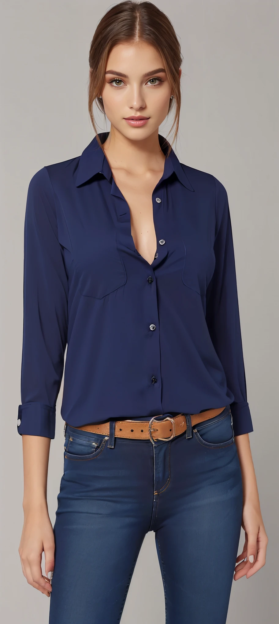 a woman in a camisa azul and jeans poses for a picture, dark camisa azul, Marinha shirt, button-up shirt, vestindo uma camisa escura e jeans, camisa de colarinho, button-up shirt, camisa azul, Vestindo uma blusa, wearing a dark blue polo shirt, splendid, Marinha, matte Marinha - blue bodysuit, com ombreiras, Roupas azuis escuras