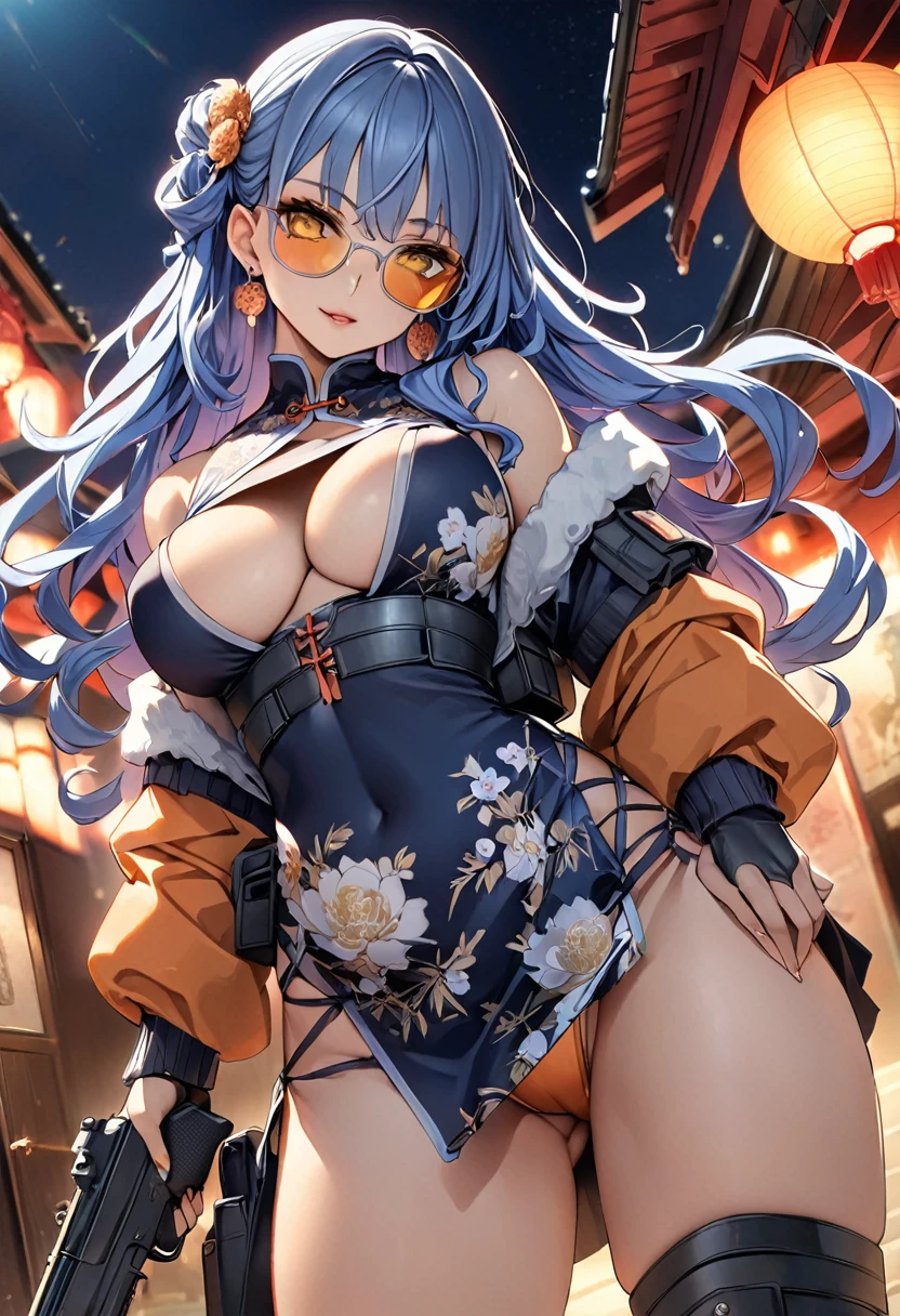 (Perfect Anatomy)、Mastepiece、Ultra High Quality、 8K、masterpiece、highest quality、Ultra-high resolution、Maximum resolution、Very detailed、Professional Lighting、anime、Adult female、thin、so beautiful、China dress、He has a gun、Holding a handgun in both hands、Yellow Eyes、Blue Hair、Long Wavy Hair、Earrings、Fingerless gloves、Tactical Boots、Equipped with transparent orange sunglasses、Equipped with a chest rig、