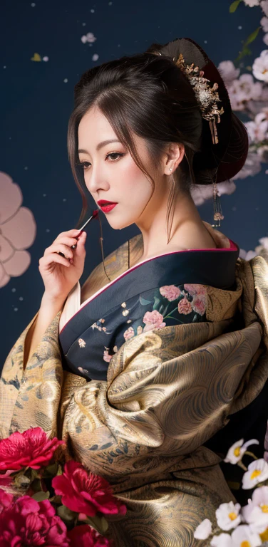 (Masterpiece, Best Quality:1.3), (thick lineart), (faux traditional media), highres, official art, best illustration, (8k resolution), oiran, 1girl, female, solo, japanese clothes, from above, breast stylish, intricate, fantastic, fairytale, fantasy art, (detailed face), lying on a bed of flowers, on back, (lovely eyes, looking at viewer, lipstick), very long hair, voluminous, low ponytail, depth of field, silhouette, perfect, makeup, lovely, (details:1.2), camellia, various colors, vivid, colorful, shiny, sky, stars, lumen global illumination, (background in the style of Hokusai Katsushika:1.3), water, ripples