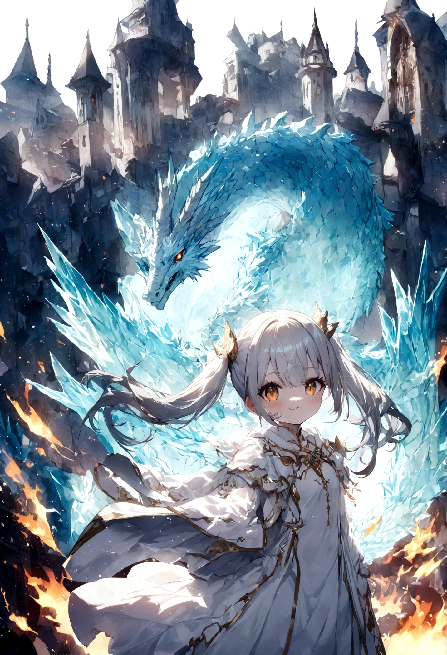 Dragon flying over burning town、large plumage、highcontrast、Girl is looking at the sky、red fullmoon、splash water､Flowing flame、detailed girl、neon color､Incandescent effect､18year old、(Yanlong、Ice Dragon;3,7)、(((robe blanche､Twintail、Rin々Shishi Face、With long silver hair)))