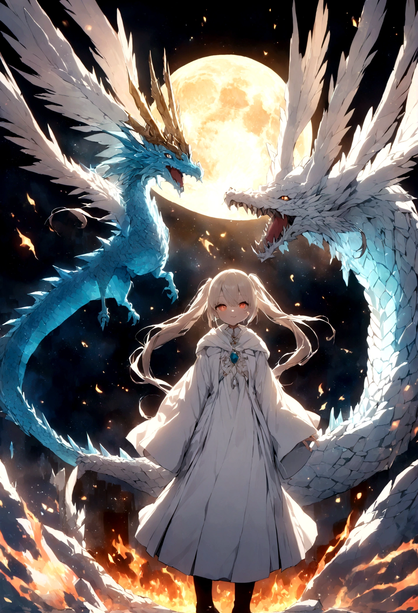 Dragon flying over burning town、large plumage、highcontrast、Girl is looking at the sky、red fullmoon、splash water、Flowing flame、detailed girl、neon color、Incandescent effect、18year old、(Yanlong、Ice Dragon;3,7)、(((robe blanche、Twintail、Rin々Shishi Face、With long silver hair)))