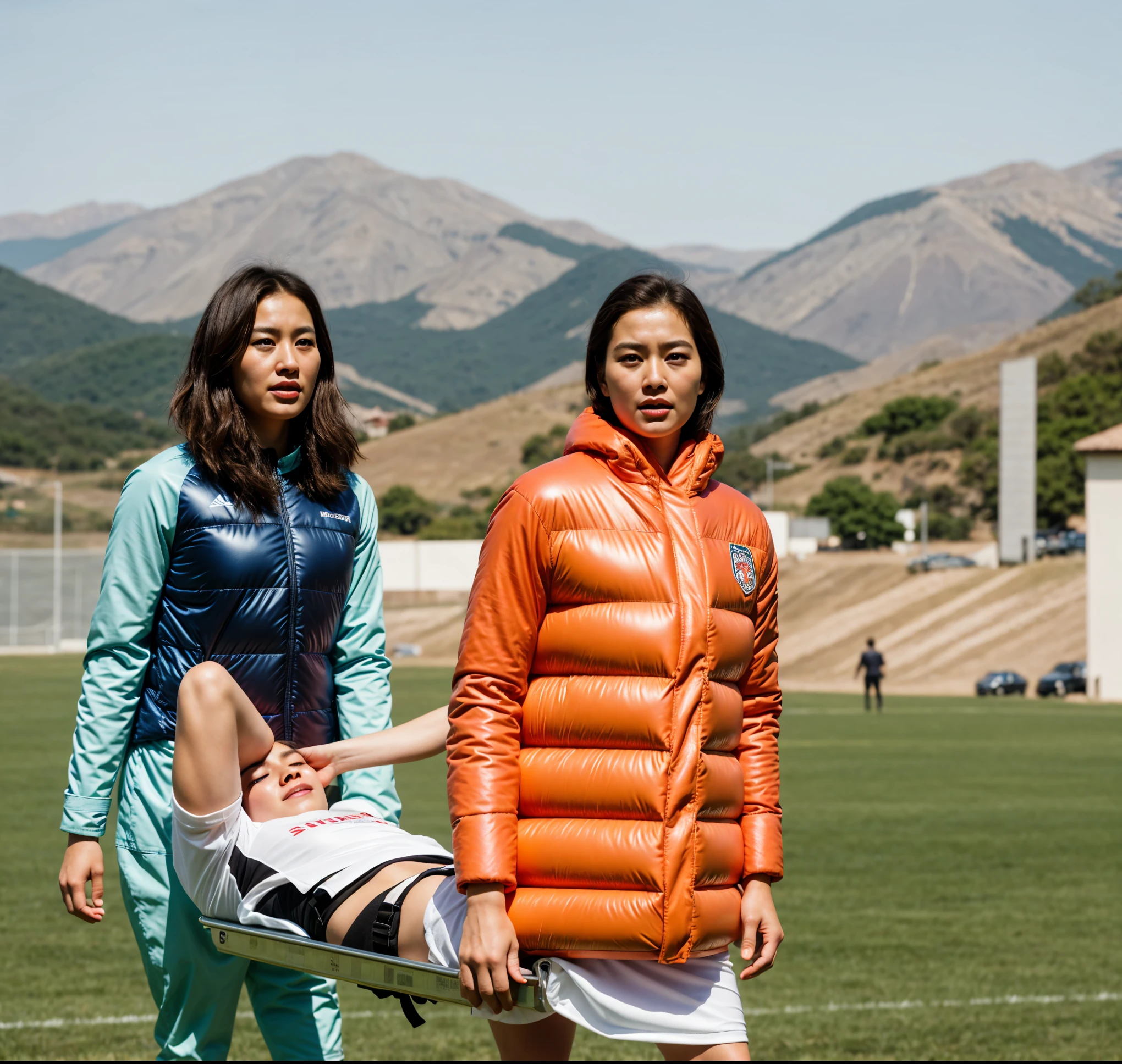 There are two madeup women carrying a stretcher, there is a woman in a wetlook laquered downcoat, a woman in a high-shine downcoat, there is a greyhaired woman in a red leather-suit, there is a man on a stretcher being carried by two very madeup women, there is a bearded soccer-player lying on a stretcher, there is a soccer-player on a stretcher with one hand over his face, a soccer-player is lying aon a stretcher and has put one hand over his face, football hooligans, injured, good graphic, warm sunshine, very professional, very sad, 2717433015, 3 4 5 3 1, 555400831, viral photo, photo shot, interesting composition, adventure playground accident, two women standing next to each other on a field, future inflatable jacket, [ realistic photo ]!!, still from a live action movie, kim hyun joo, realistic movie still, 2 d cg, inspired by Kim Tschang Yeul, inspired by Sim Sa-jeong, movie still 8 k, on a football field, high drama, photorealistic movie still, highlight