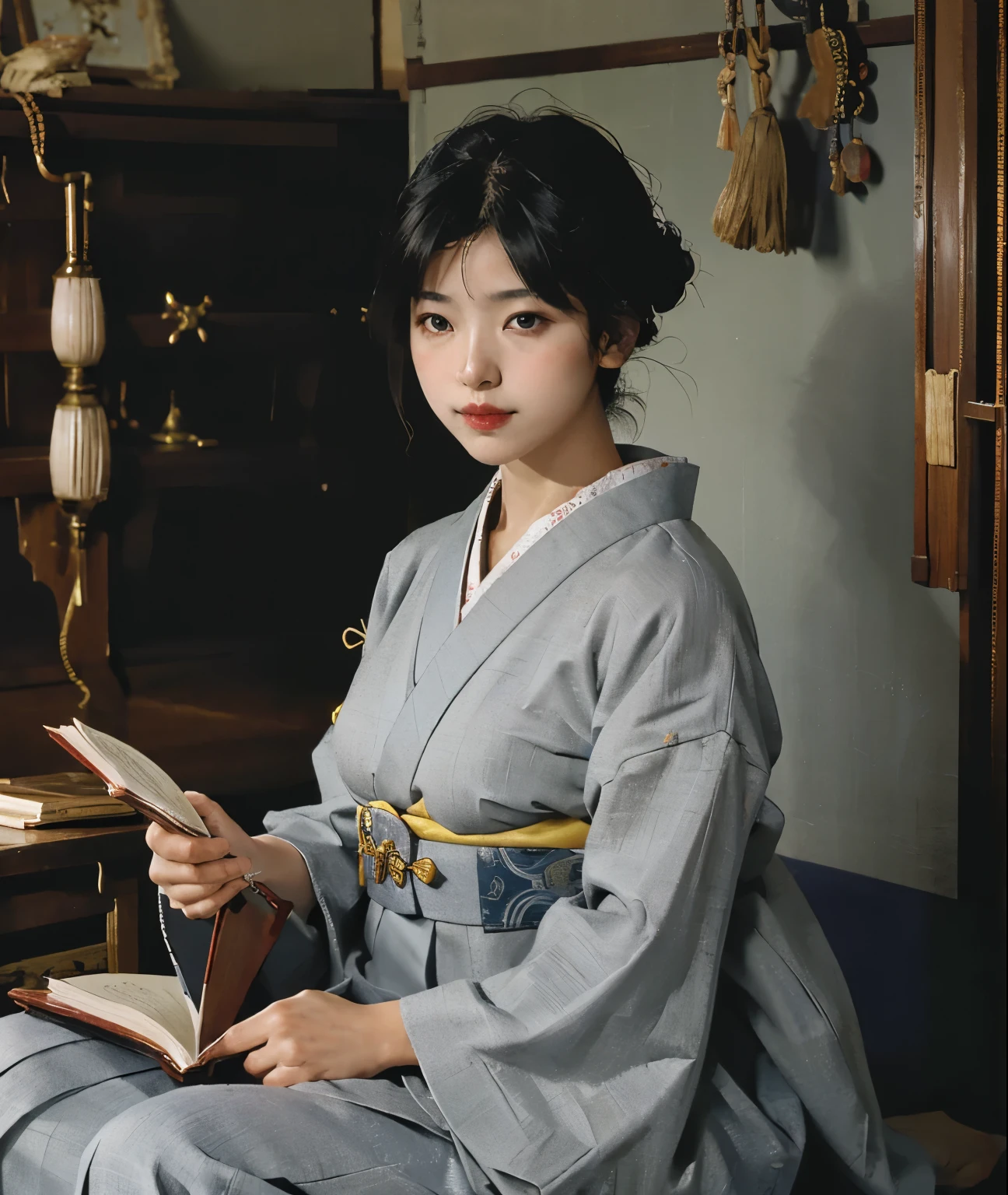 A woman in traditional Japanese clothing、Open book。she、In a quiet and calm atmosphere、Demonstrates a desire for knowledge、I can sense the respect for learning and culture.。In the background、Book shelves lined up、A rich environment symbolizing the ocean of knowledge