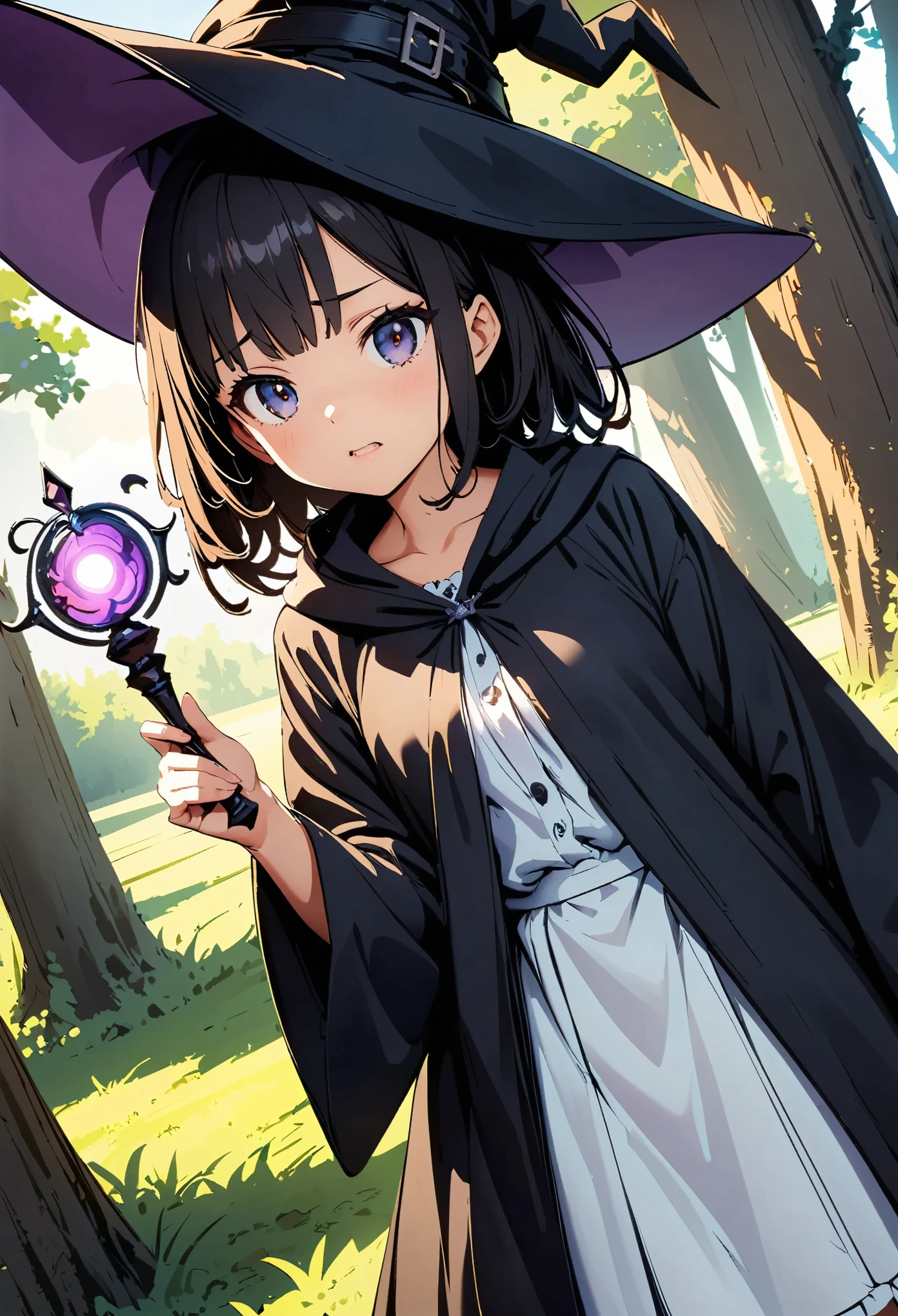 Young witch girl, Beautiful detailed eyes, Beautiful detailed lips, Very detailedな顔と肖像画, Long black hair, Troubled face, Open your mouth, gothic lolita dress, Witch Robe:1.2, Witch Hat, Have a magic wand, Dutch Angle, Random Pause, In the grassland, Forest Background, Dark fantasy, Cinematic lighting, A bad mood, Dramatic Shadows, Dramatic contrast, Calm colors, Cool color palette, Digital Art, Concept Art, Very detailed, 8k, masterpiece:1.2, Anime illustration.