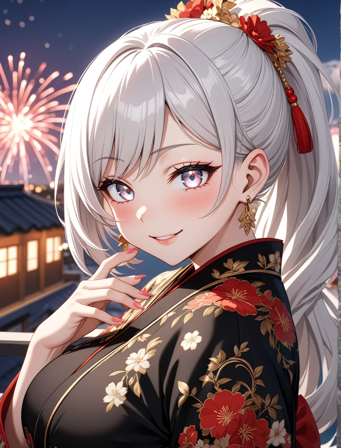 ((one personの女性)), Beautiful Face,Laughing embarrassedly,((Wink:2.0)),Laughing with your mouth open,((Bright red cheeks:1.3)),Glossy pink lips,night,Rooftop festival,firework,Ocean,((Anime style background)),masterpiece, highest quality, so beautiful, Latest, Complex details, (Pink long nails),(ring),AI-generated, Complex,High resolution, highest quality, super high quality,3D Images、View your viewers、3D Images,one person,Long white hair,High Ponytail,blue eyes,Anime woman posing for a photo, ((Fine grain、Silvery white colorful eyes、Shining Eyes:1.3)),(Squint your eyes:1.1),a hyperRealistic , hyperRealistic , Realistic,Anime woman with long and white hair, Smooth anime CG art, A woman in a colorful kimono with gold embroidery, (Black kimono),Red floral pattern,Long flower hair ornament,Big earrings,Mature Body,(Big Breasts:1.1),Tall,Big Ass,Fine details,Narrow waist,Abdominal muscles,(Face close-up:1.4),