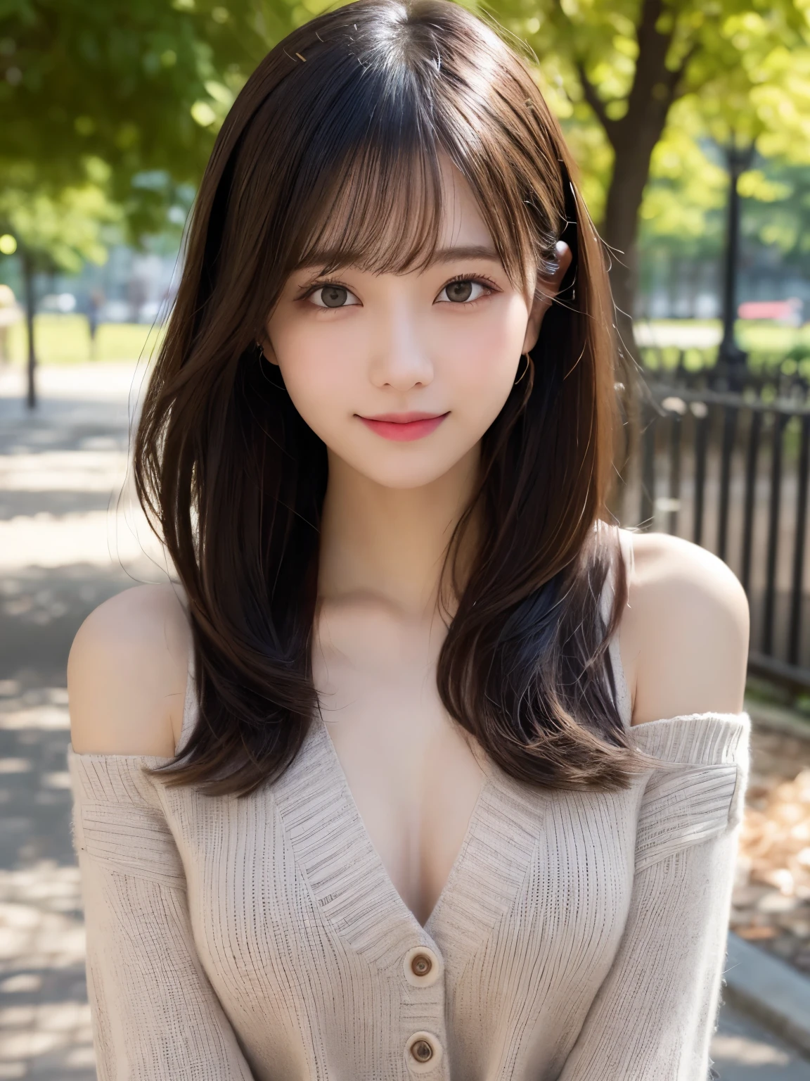 masutepiece, Best Quality, Illustration, Ultra-detailed, finely detail, hight resolution, 8K Wallpaper, Perfect dynamic composition, Beautiful detailed eyes, doress, long Hair, mid-chest, Natural Color Lip, Random and y poses,Smile, Blurred park background、20 years girl、Colossal 、Too much exposure、No shoulder knitwear(black)、Exposing the chest、Slid、I keep my hair tie