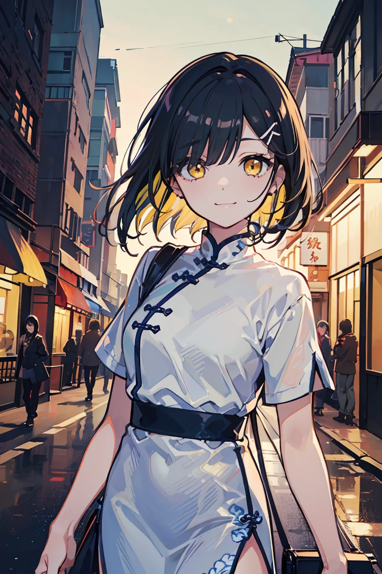 (1 girl), (((Hair in one eye))), Cowboy Shot, White sarashi, Bontang, smile, China Hotel, (super high quality), masterpiece, cute, Looks busy, She is wearing fashionable clothes, beautiful表情 , Warm sunshine, Street atmosphere, urban environment. Perfect body,Fresh, (Asymmetrical bangs:1.3), Braided hair, Highly detailed face and eyes, (Black Hair, Deep gradation yellow eyes:1.2),(Shining highlight eye), Digital Art, beautiful, Cinema Lighting, by Yusuke Murata.tonality, Romanticism, modern art, Impressionism, reflected light, 8k, masterpiece, Advanced Details, highest quality