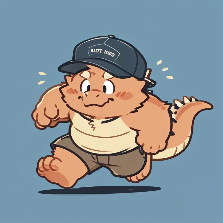 dragon face,Cute face,Humanity(dragon), (cap, running) , Chubby,(white eyebrows:1.1),(perfect black eyes),Simple background, Blue Background,print style。(Artist:Takemoto Arashi