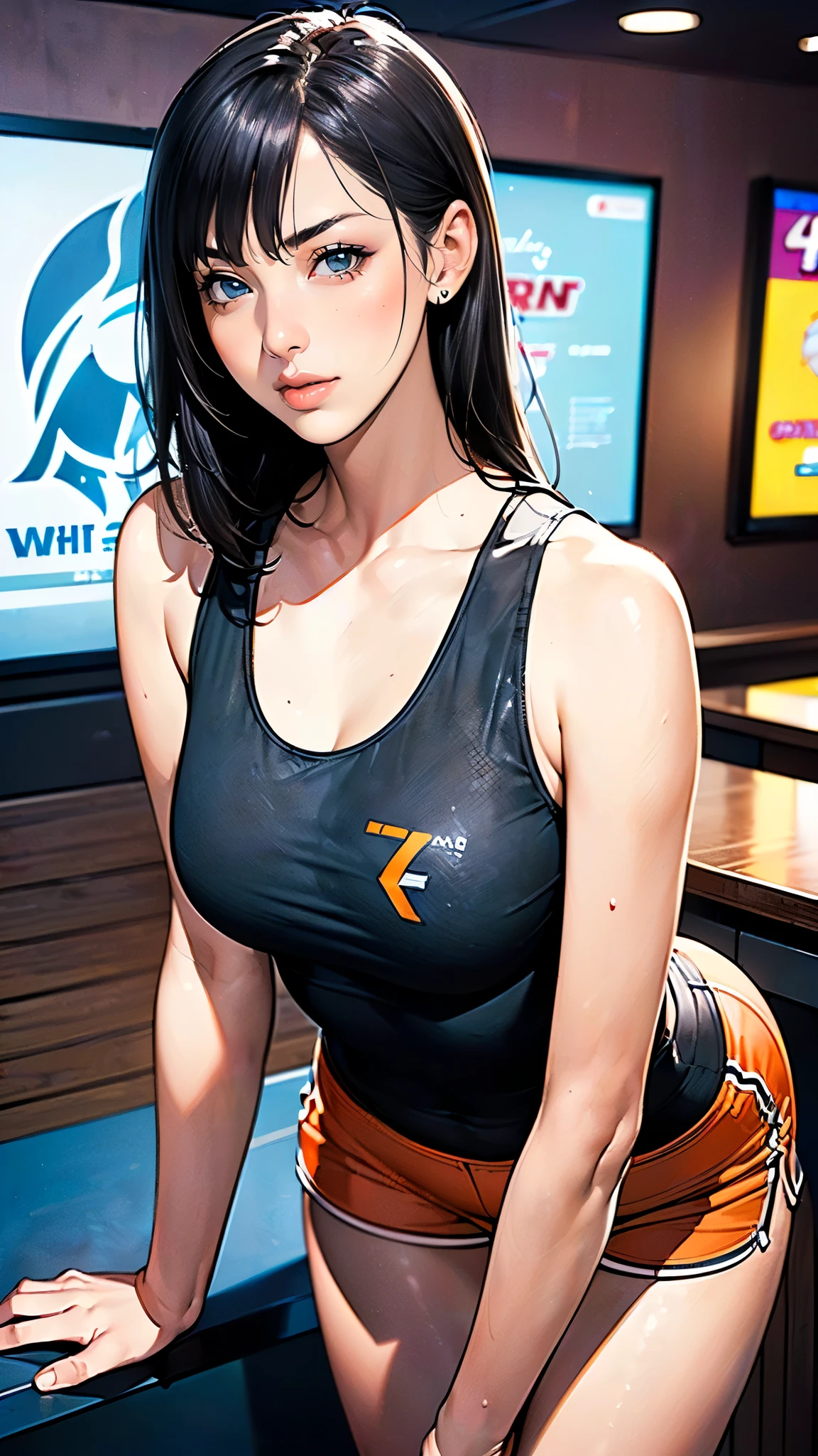 masterpiece,highest quality,Very detailed,High resolution,8k,wallpaper,Perfect lighting,break(One Woman),(Mature woman working as a waiter at a sports bar:1.5),(48 years old),(hooters),(((A very form fitting white tank top:1.5))),((The tank top has the logo of a sports bar on it.:1.5)),(((tiny orange shorts))),(((Very detailedなコスチュームの描画:1.5))),(Beautiful Eyes:1.5),(Detailed face drawing:1.5),(Detailed face drawing:1.5),((Very detailedな女性の手:1.5)),(Shiny skin:1.2),(Big Breasts:1.2),(Thick thighs:1.5),(Sensual body:1.5),(Sports bar background:1.5),(((Blur the background:1.5))),(((I&#39;m embarrassed:1.5)))