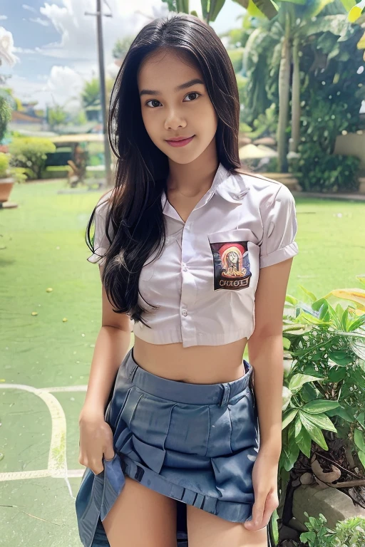 A teen girl with Indonesia face, approximately ************. Standing. Wear skirt, visible panties, windy skirt, upskirt camera. (face view to camera)