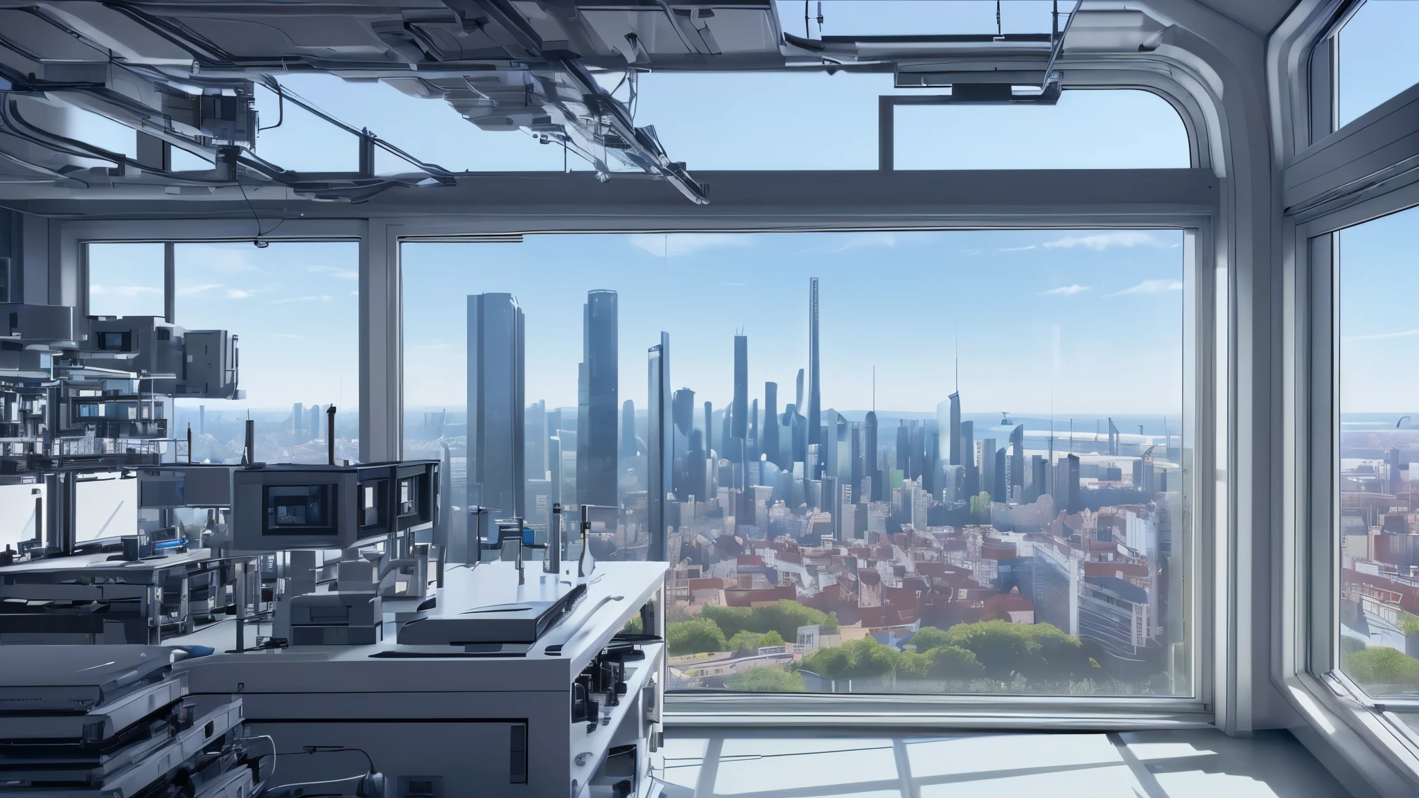 (((The image of a technological laboratory))) + (((In the background there is a window with a view down showing the city))) + 8K quality + depth of field + (((in first person))) + ray tracing + (((futurism)))