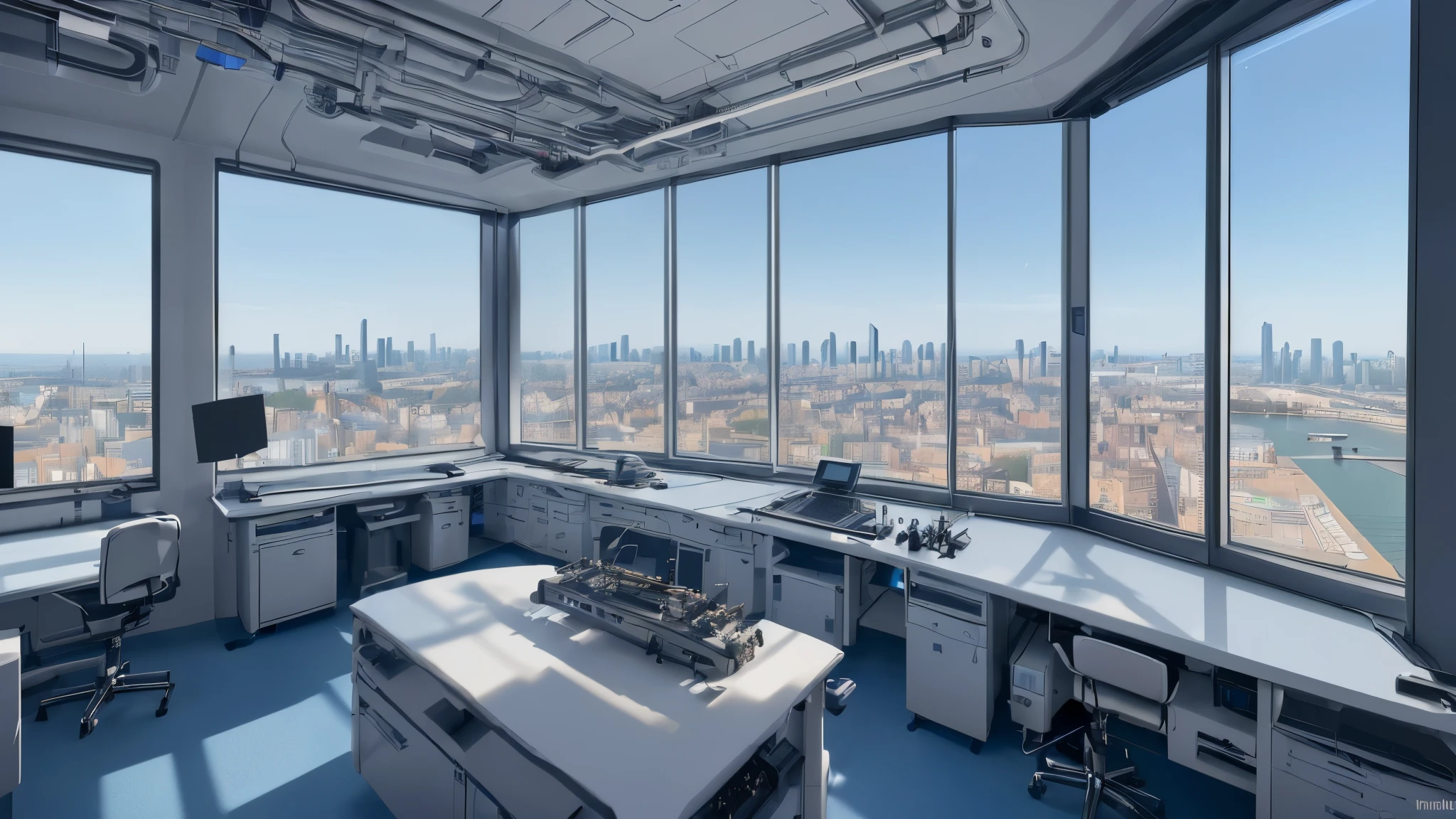 (((The image of a technological laboratory))) + (((In the background there is a window with a view down showing the city))) + 8K quality + depth of field + (((in first person))) + ray tracing + (((futurism)))