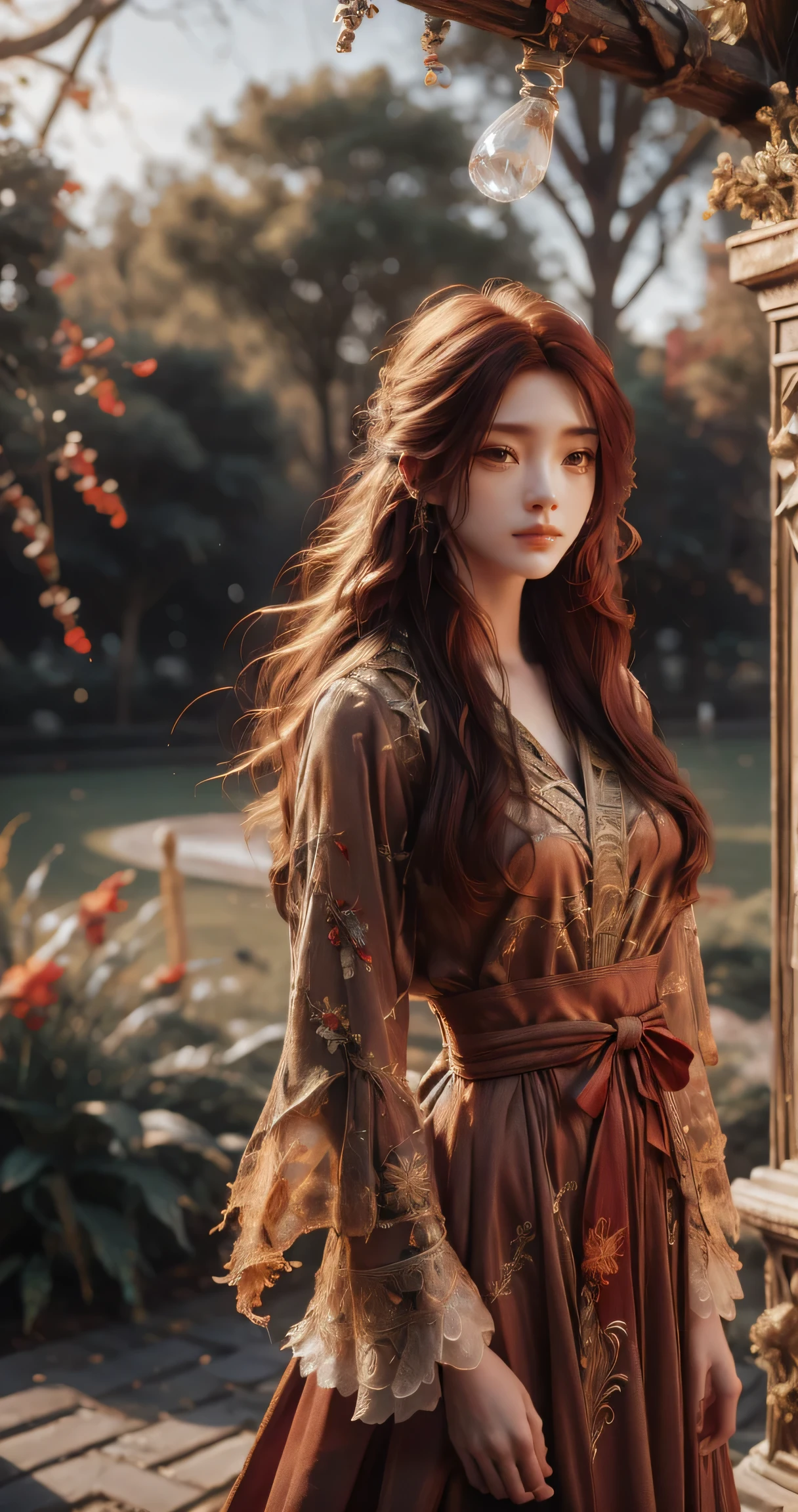 (absurdres, highres, ultra detailed), 1girl, solo, mature, (very long hair, red hair), Baroque, long dress, phoenix dress, long sleeve, elegant, colorful, highest detailed, upper body, outdoors, garden 