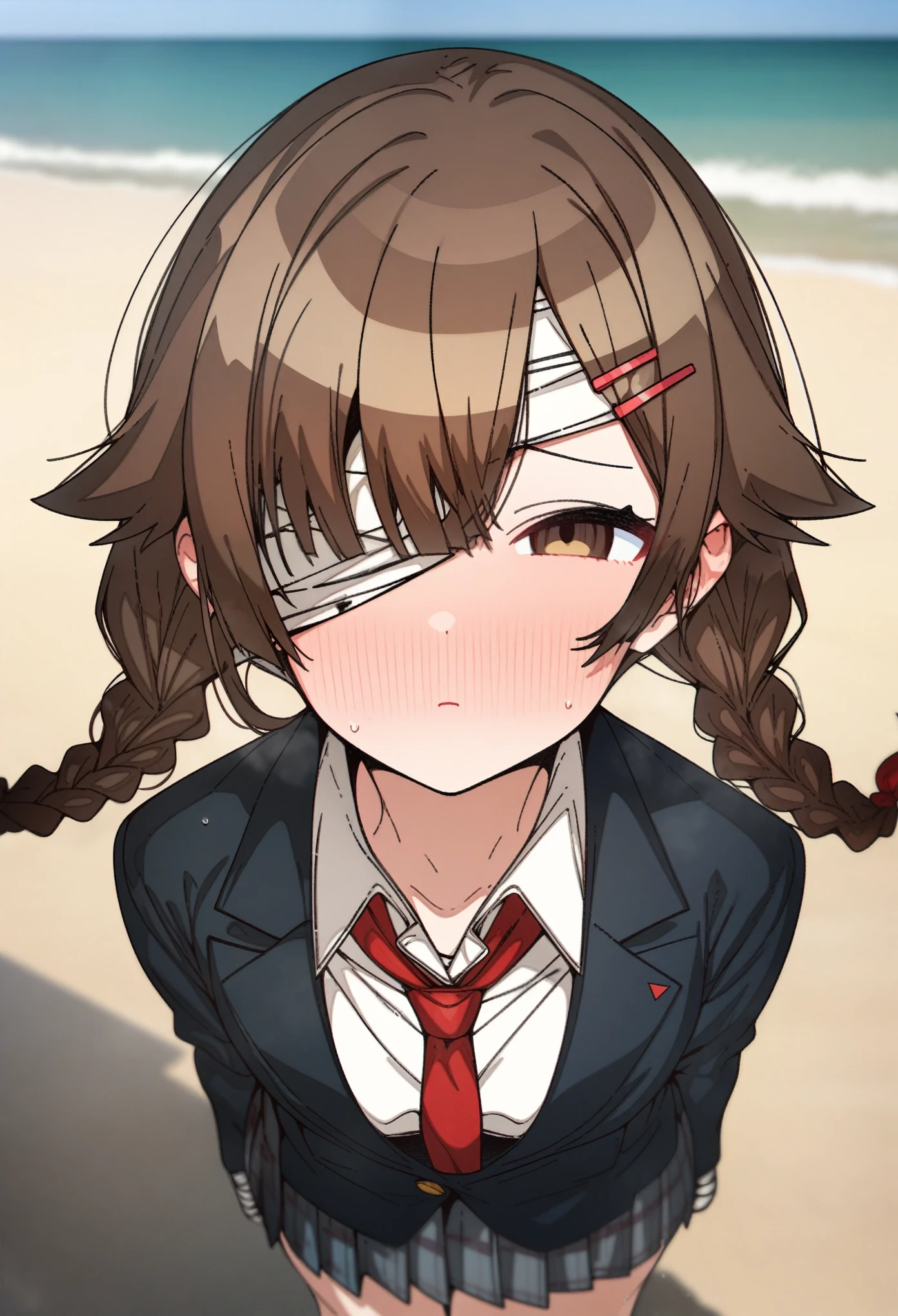 (hoshino_(blue_archive) with brown hair and brown eyes, Artist, erere, Copyrights, idolmaster, idolmaster_shiny_colors, Character, General, 1girl, brown_hair, blunt_bangs, blush, medium_breasts, breasts, detailed eyelashes, beatiful girl:1, brown_eyes, censored, school_uniform, pleated skirt, blazer, hair_clip, twin_braids, red tie, medium shot photography:1.1), standing in middle:1.1, beach, sky:1.5, half-closed_eyes, detailed, outdoors, looking_at_viewer, masterpiece, best_quality, great_quality, girl, solo, center_composition, centered character, cute, (((bandages_over_one_eye, bandages, bandaged head))), full body standing