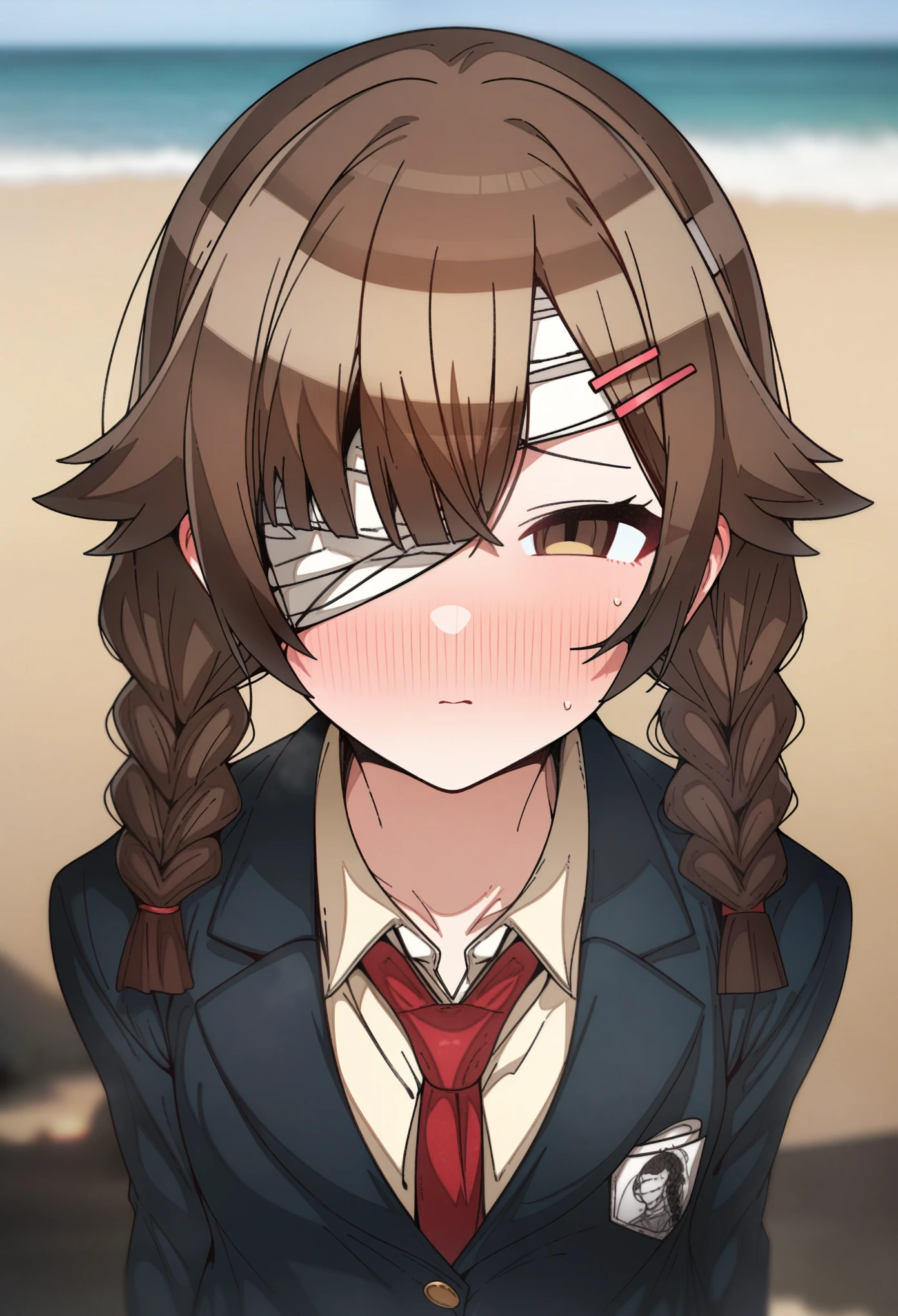 (hoshino_(blue_archive) with brown hair and brown eyes, Artist, erere, Copyrights, idolmaster, idolmaster_shiny_colors, Character, General, 1girl, brown_hair, blunt_bangs, blush, medium_breasts, breasts, detailed eyelashes, beatiful girl:1, brown_eyes, censored, school_uniform, pleated skirt, blazer, hair_clip, twin_braids, red tie, medium shot photography:1.1), standing in middle:1.1, beach:1.1, sky:1.5, half-closed_eyes, detailed, outdoors, looking_at_viewer, masterpiece, best_quality, great_quality, girl, solo, center_composition, centered character, cute, (((bandages_over_one_eye, bandages, bandaged head))), full body standing