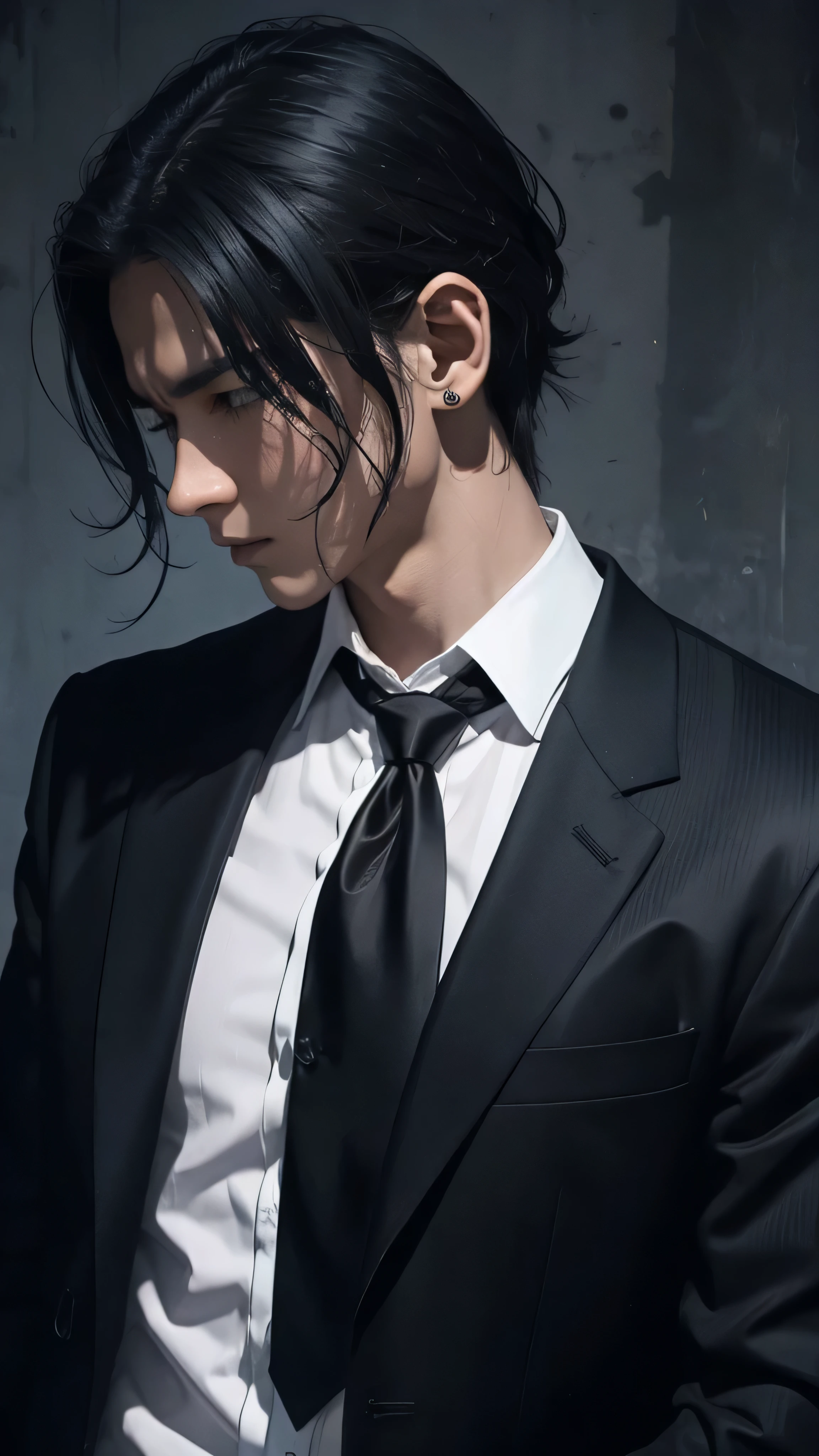 Man in all black、Black Shirt、Frock coat、Ragged head、Dead eye、No tie、