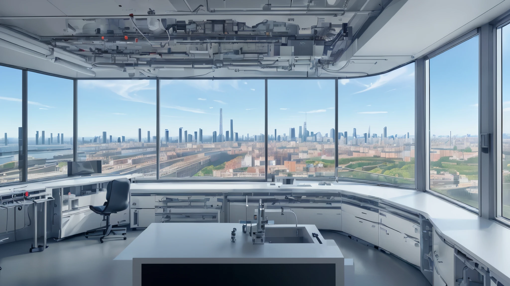 (((The image of a technological laboratory))) + (((In the background there is a window with a view down showing the city))) + 8K quality + depth of field + (((in first person))) + ray tracing + (((futurism)))