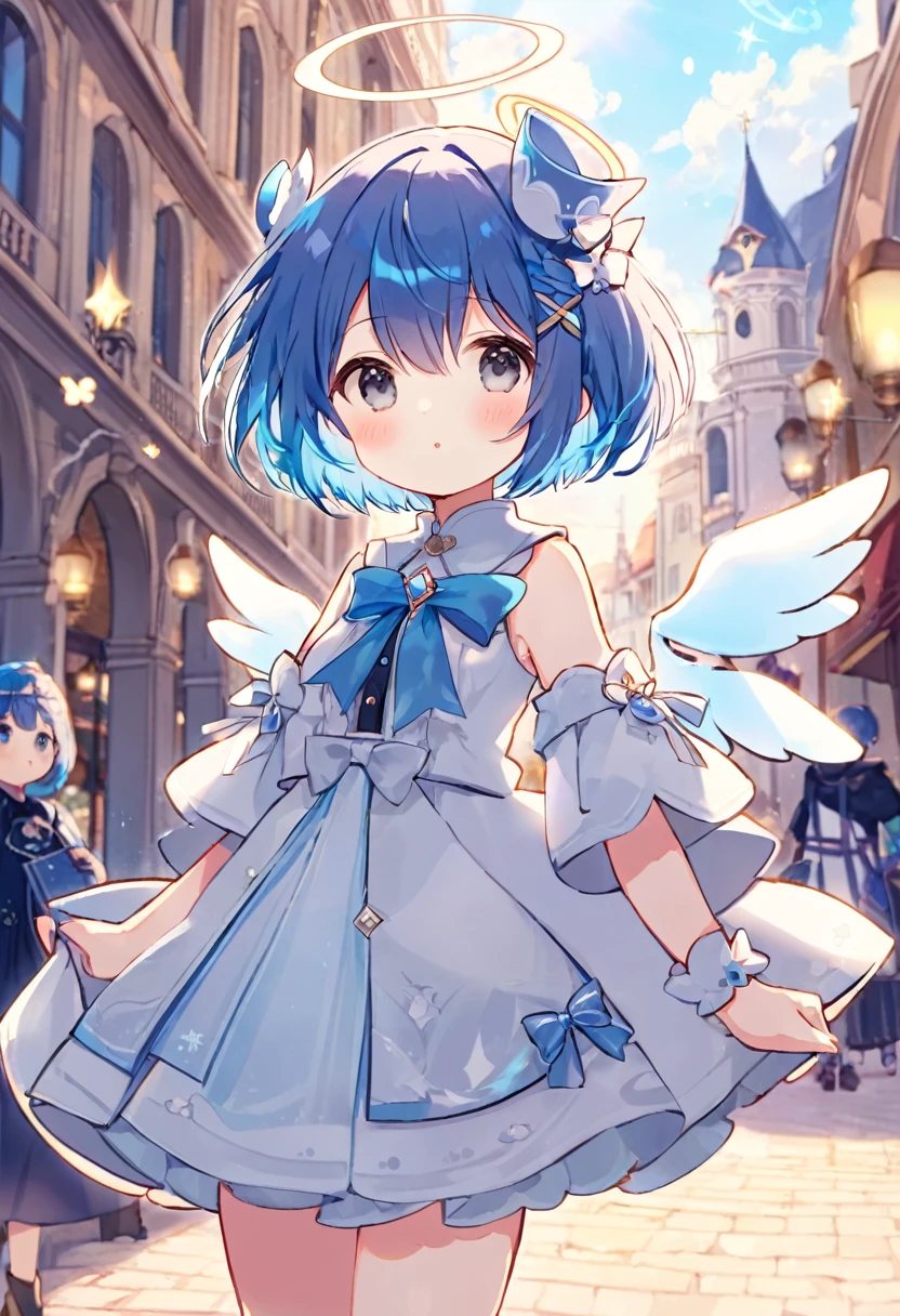 cute , wearing fantasy clothes, short hair, blue hair, 4k reso, 最high quality, in public, masterpiece, fine gray eyes, Broken Angel Halo, high quality,