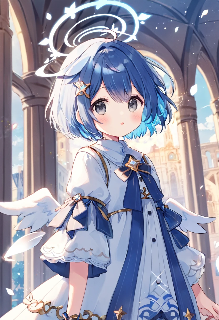 cute , wearing fantasy clothes, short hair, blue hair, 4k reso, 最high quality, in public, masterpiece, fine gray eyes, Broken Angel Halo, high quality,