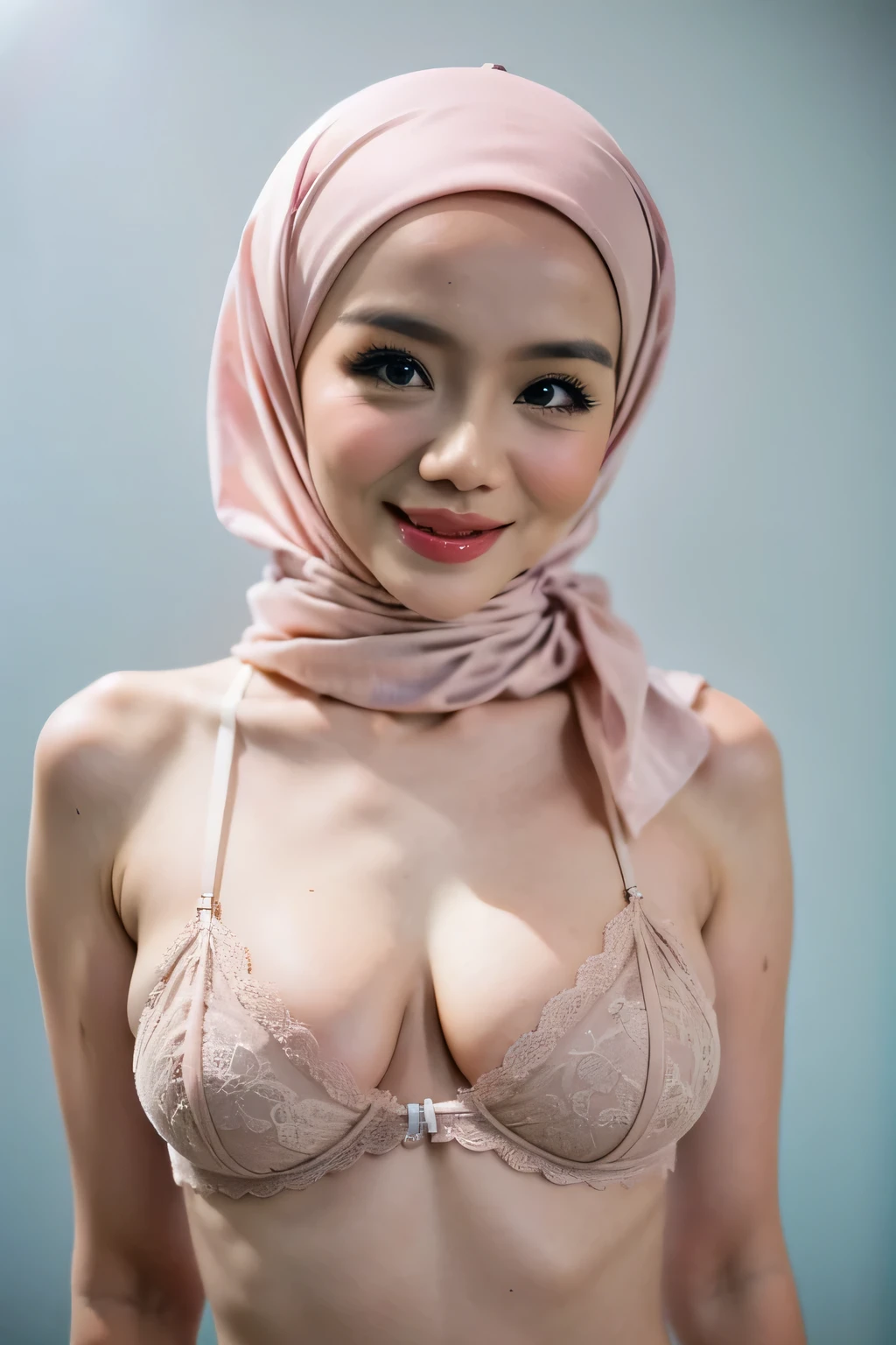 Malay girl in hijab wearing sexy pink color lingerie portrait photography, full shot photo, ultra detail, professional photograph with professional lighting, smile, light blue studio background, sexy seducing pose, curvy