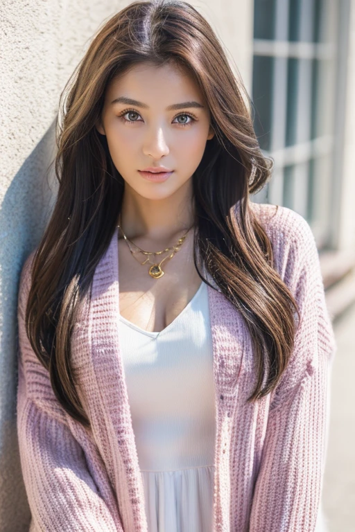 ((highest quality, 8k, masterpiece :1.3)), 1 girl, (Long Hair :1.2),Photographed in front of a white wall、Photographed in natural light、pastel cardigan :1.1, Top view、super Detailed face, Fine Eyes,(Highly realistic photos, High resolution, Detailed face, Fine Eyes)、Japanese women, 28 years old, A variety of expressions, alone:1, Various Hair Styles, Casual clothing, Only one person in the photo、Long sleeve dress、Photographed in natural light、Simple Necklace、Spring Clothes、Don&#39;t look at the camera、profile、Dark brown hair color