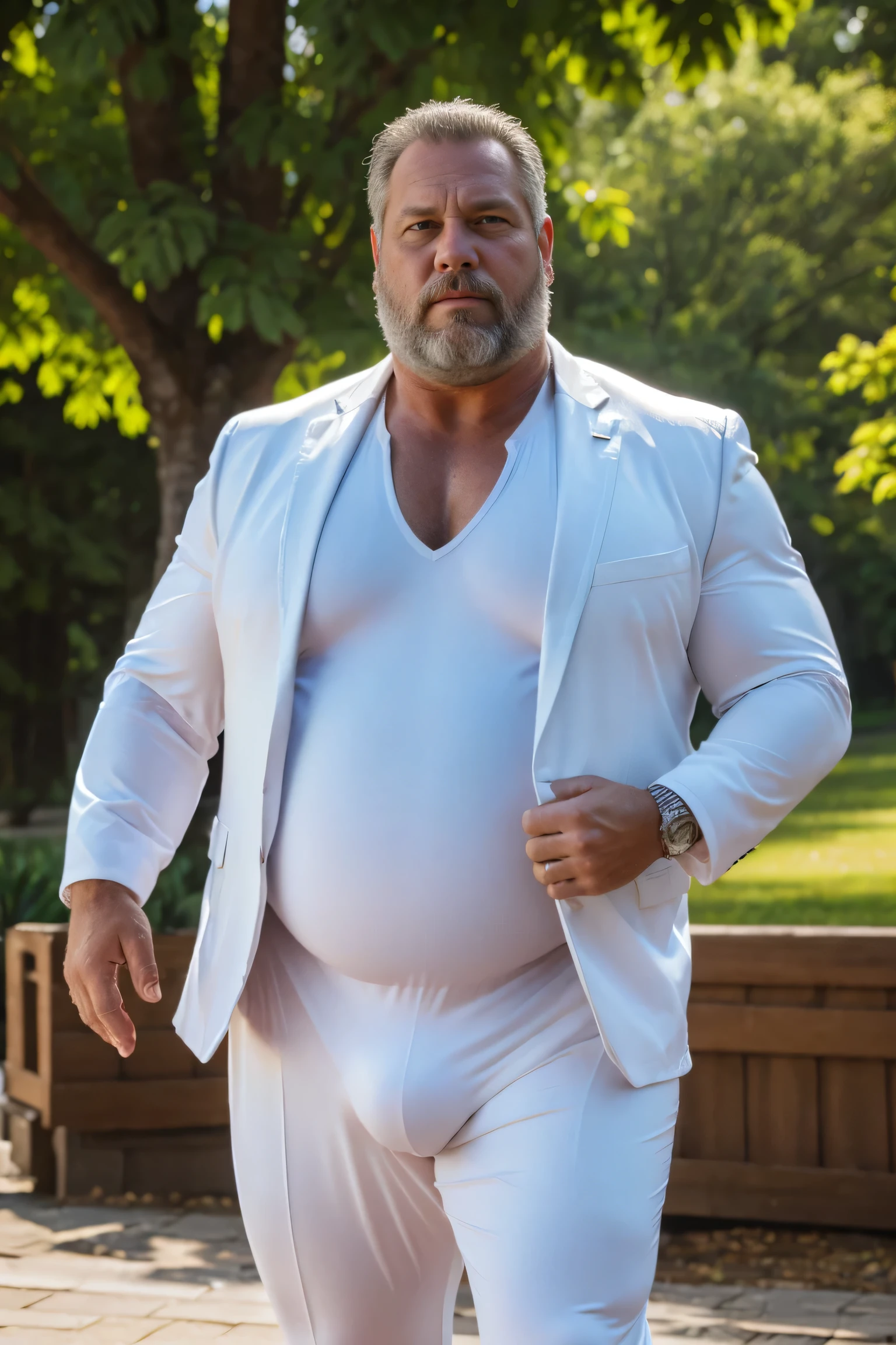 (highres,ultra-detailed:1.2),middle-aged man,disgusting,overflowing muscles,fat,sweating,large protruding belly,white,dressed in an open suit jacket,dad appearance,beard