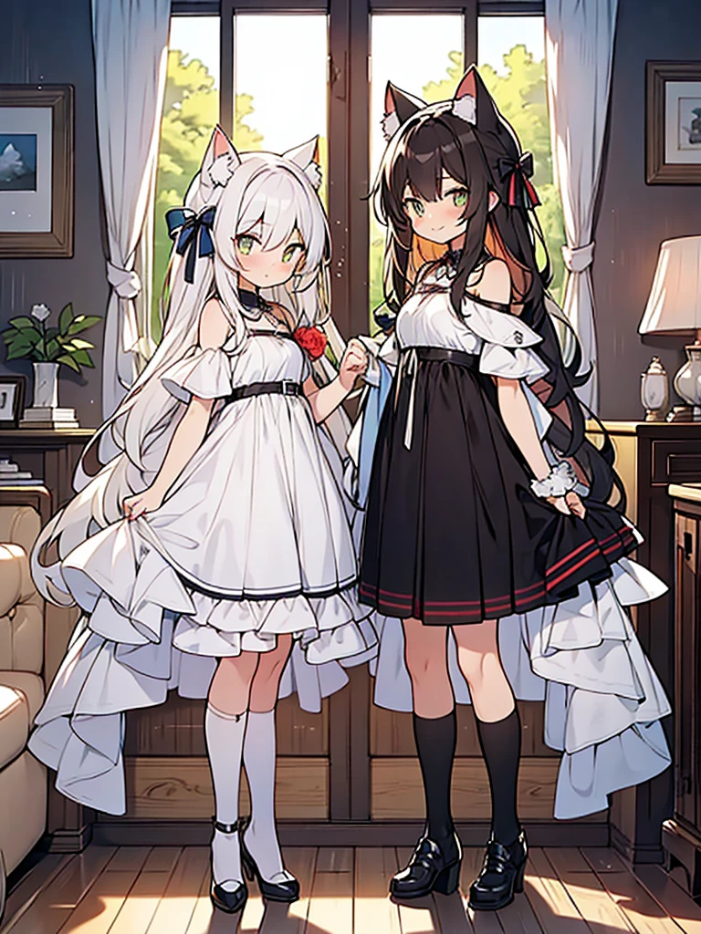 2cat boy,white cat boy and (black cat boy),standing side by side,
long wide curl twin-drill hair shota,Great volume hair,cat-ears,boy wearing cute clothes,myroom,smile,