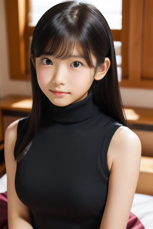 Very young Japanese high schoolars old,turtleness dress,Swollen breasts,Large Breasts,Black Hair,Long Hair,Soft lips,Fine skin,(Glowing Skin),(masterpiece:1.4),(highest quality:1.4),Bedroom,Photographed from the front