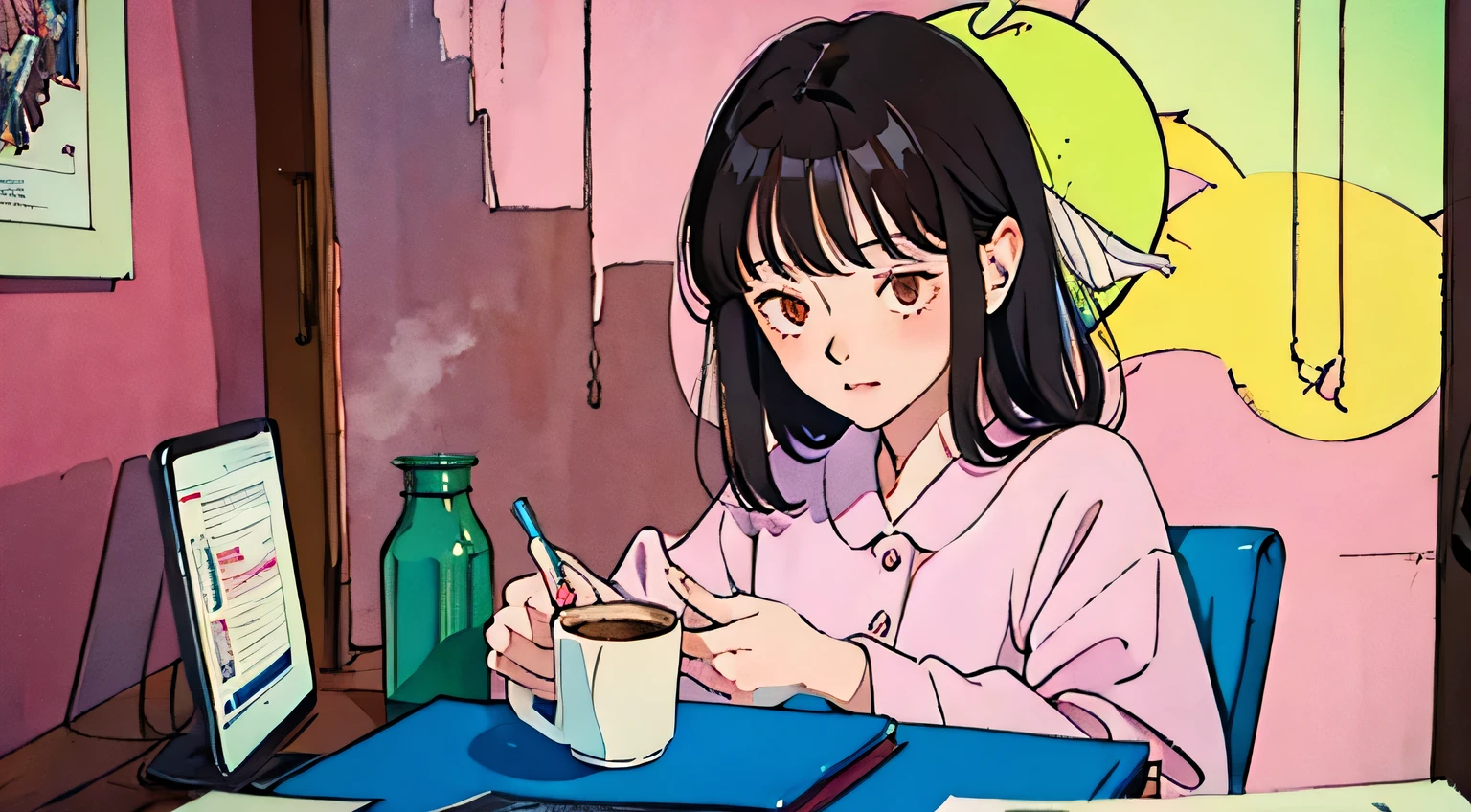 Korean Girls,Korean Style,Girl drinking coffee,Coffee cup brown,2D Style Anime, Lo-Fi, hard disk, Dark Environment,, Brown Hair, black eye, Brown Skin, 12 years old , European hippie girl in pink pajamas shopping meditating in her room, dream, Night lighting, Neon scenery on a rainy day, Analog Color Theme, Lo-Fi Hip Hop , retrospective exhibition, flat, 2.5D ,Draw a line, Ink Painting, Large gradient, Watercolor, Gouache color, Studio Ghibli style, Great colorful, Outerton, Krautlock, Lofi Art, 70s style,Old Texture, amplitude,Psychedelic atmosphere, Tabletop, Technology of Wonders, 2D Anime Style, I will fix it, hard disk, Dark Environment,Steam from a humidifier,