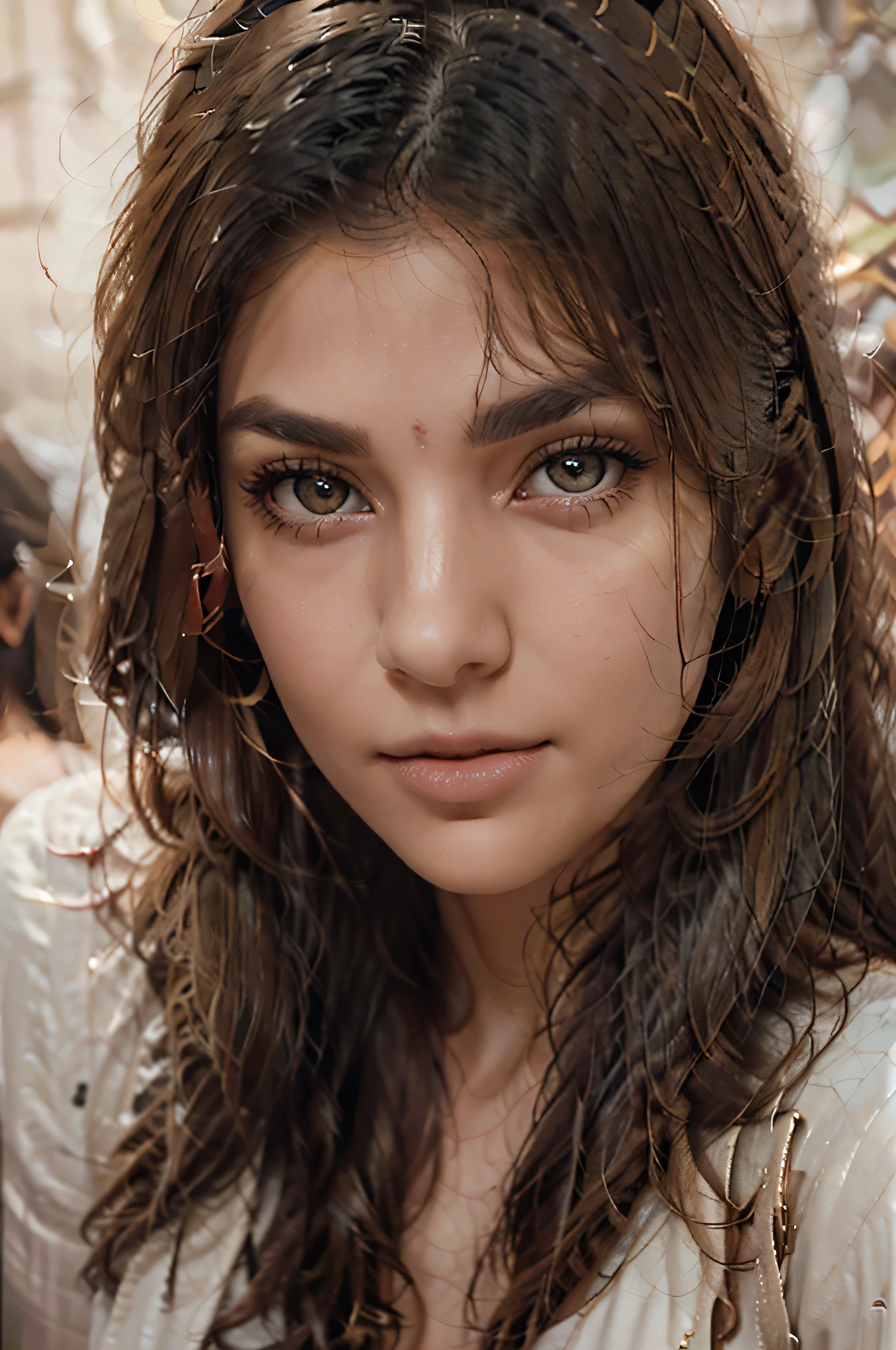 A close-up portrait of a woman with large, expressive hazel eyes and long lashes. She has slightly arched eyebrows, full naturally pink lips, and a straight nose. Her cheekbones are defined, and her skin is smooth and fair with a natural glow, having a slight warm undertone. Her hair is dark brown with subtle highlights, styled in a slightly tousled look and framing her face elegantly. She embodies the most beautiful features with an Indian influence.