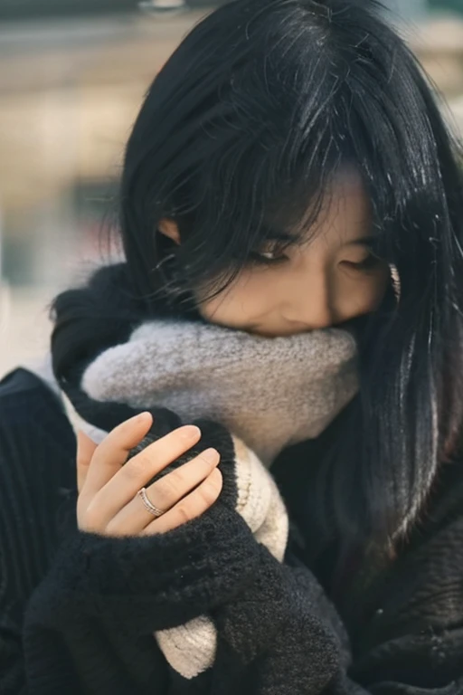 Girl,black hair,hands hiding the face fully,sweater,no face showing