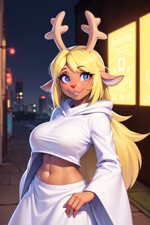 (noelle, furry female anthro, blonde hair, deer girl, red deer nose, white eyes, white pupils, white robe, hooded robe, big breasts, midriff), hands on hips, green neon city, smiling, blushing